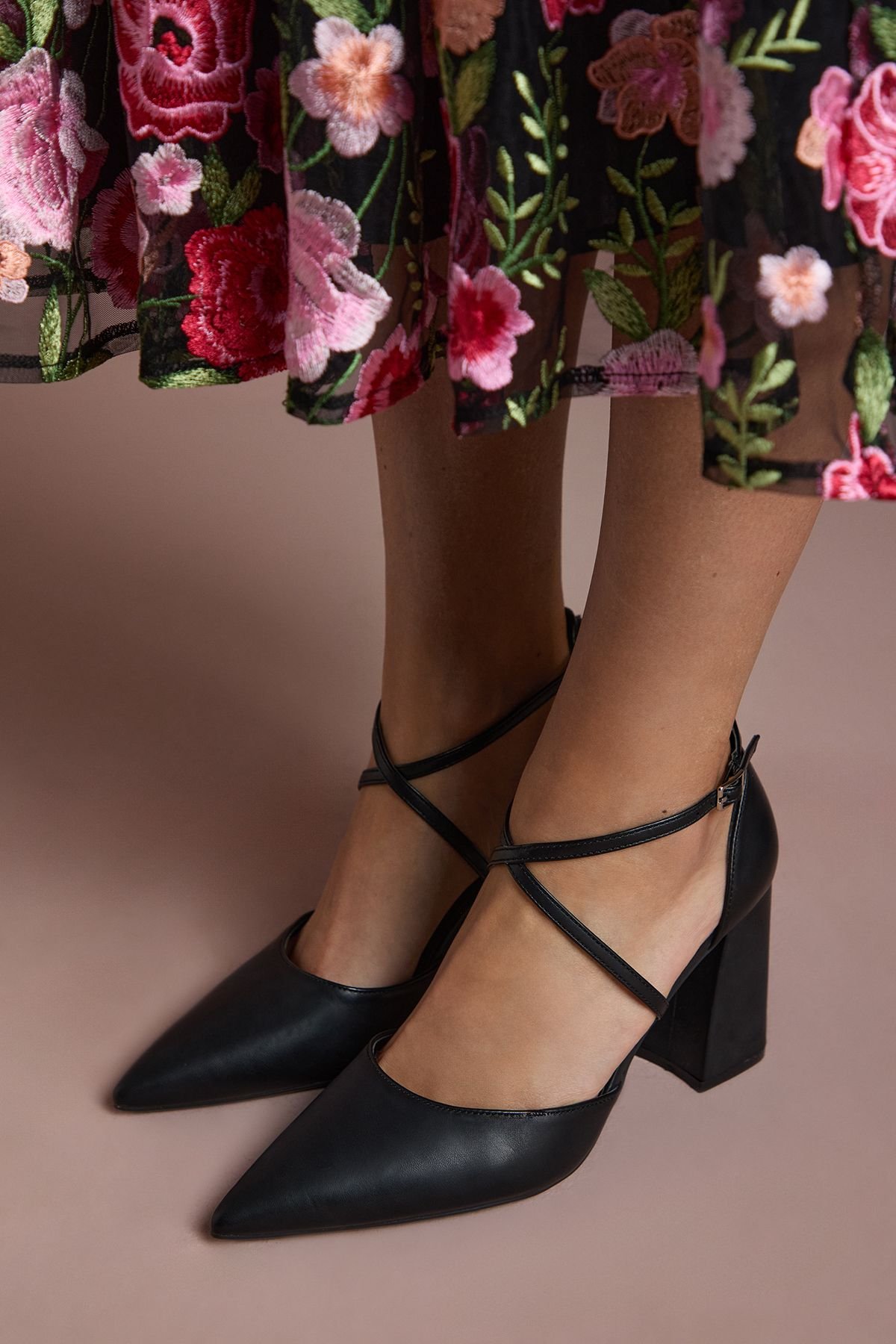 Coast Coast Women's Treat Faux Leather Cross Strap Pointed Block Heel Court Shoes in Black - 3