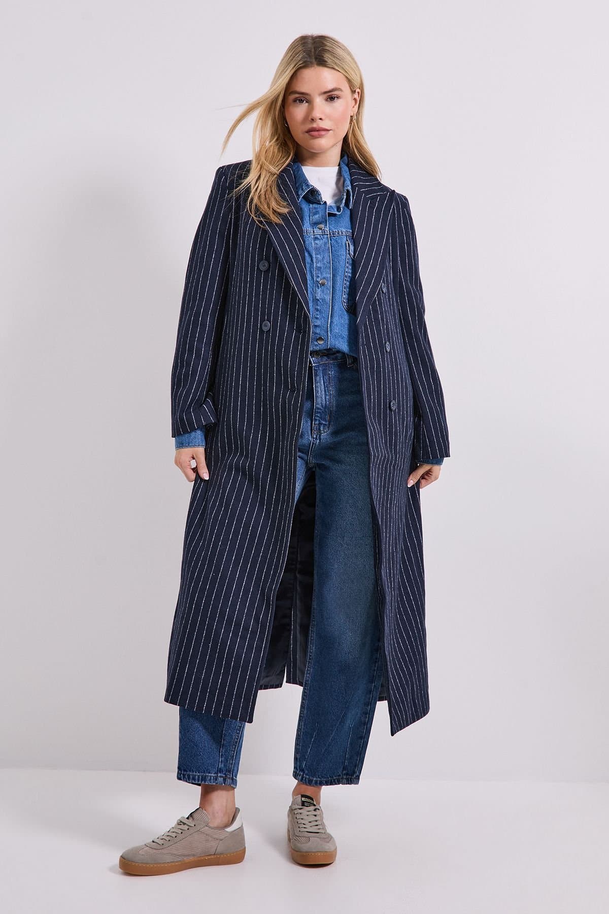 Dorothy Perkins Dorothy Perkins Women's Pinstripe Faux Wool Coat in Navy