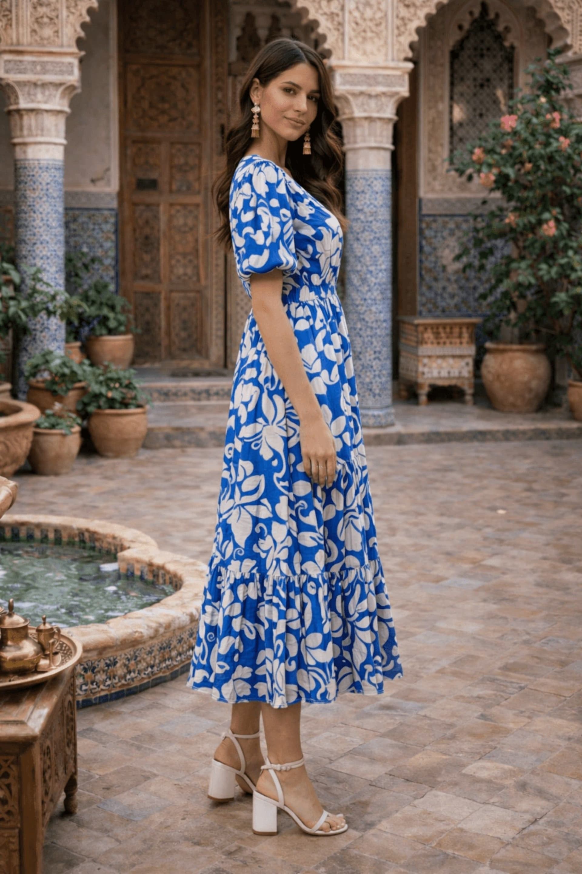 Style Cheat Style Cheat Women's Blue & White Puff Sleeve Midi Dress