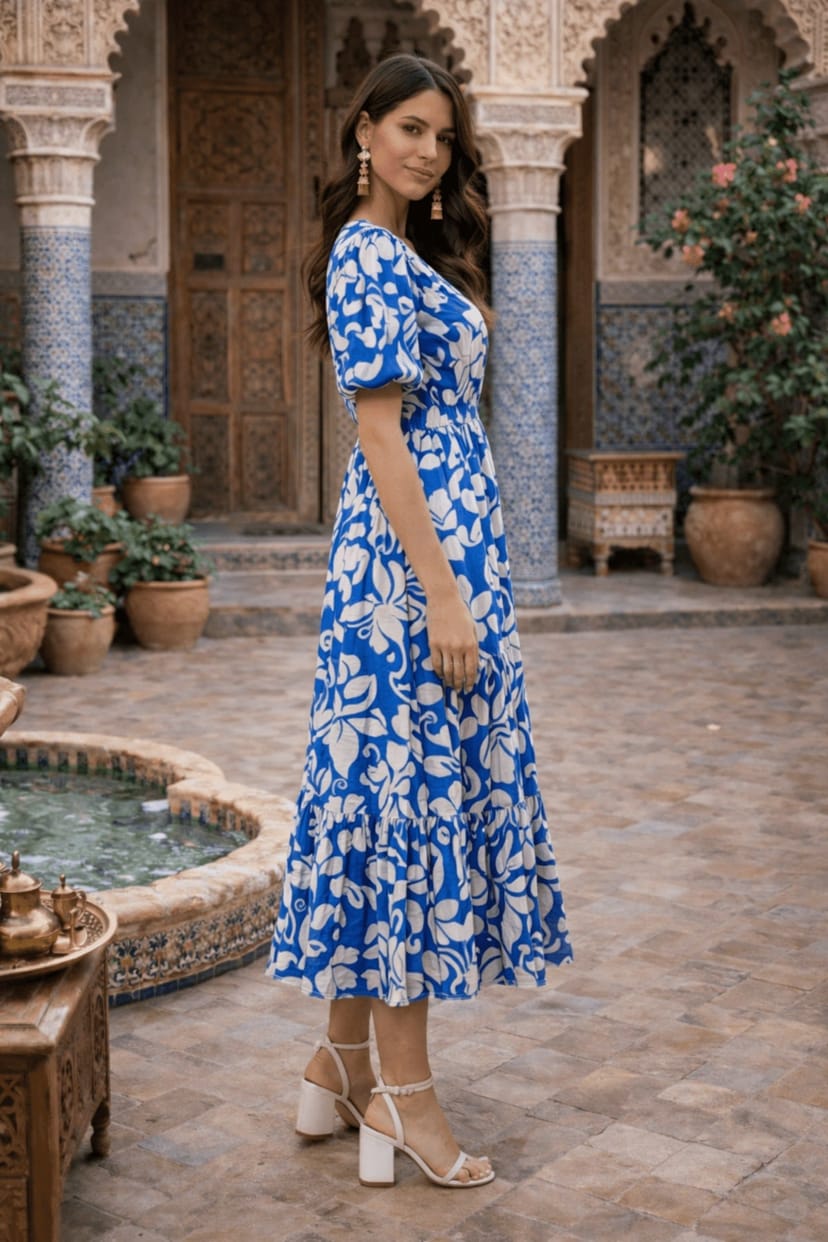 Style Cheat Style Cheat Women's Blue & White Puff Sleeve Midi Dress - 1