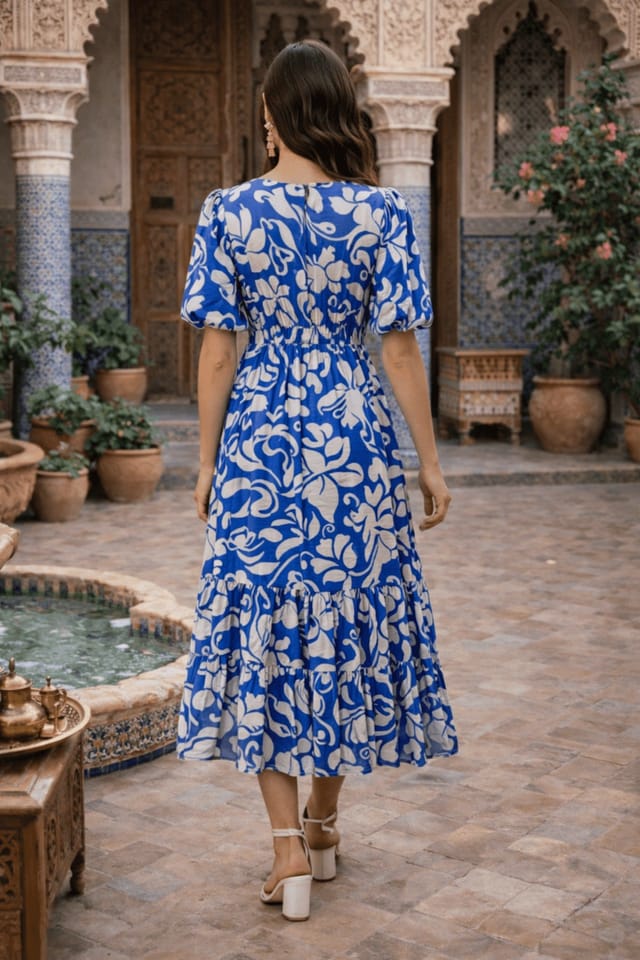 Style Cheat Style Cheat Women's Blue & White Puff Sleeve Midi Dress - 2