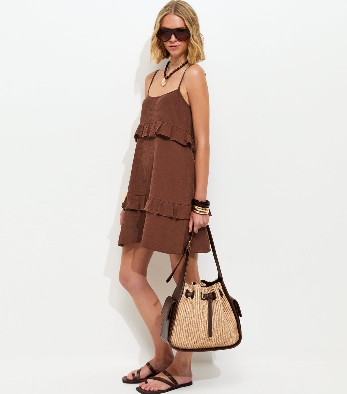 New Look Women's Brown Crinkle Texture Ruffle Trim Mini Dress New Look