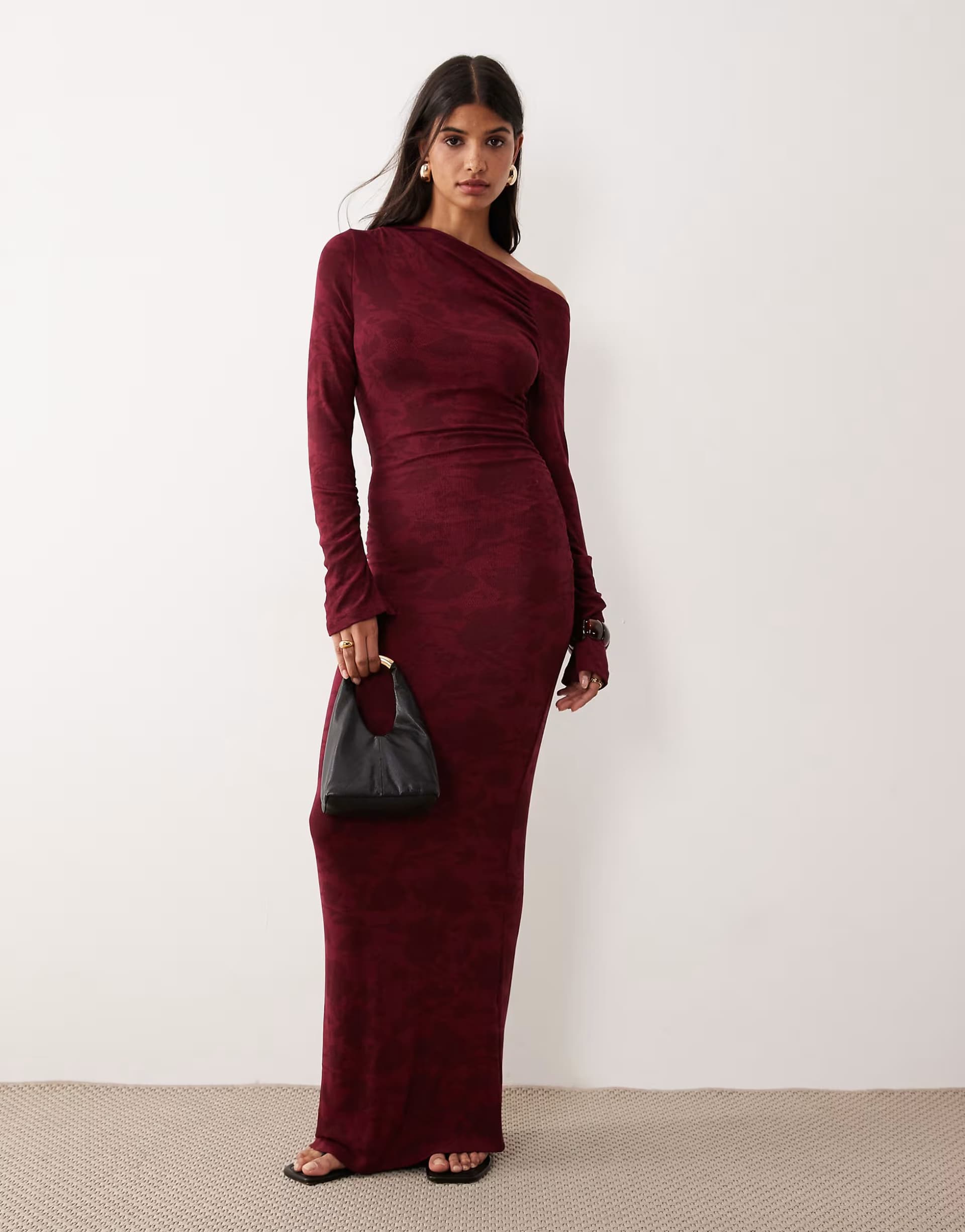ASOS SNDYS asymmetric off shoulder bodycon maxi dress in burgundy floral print