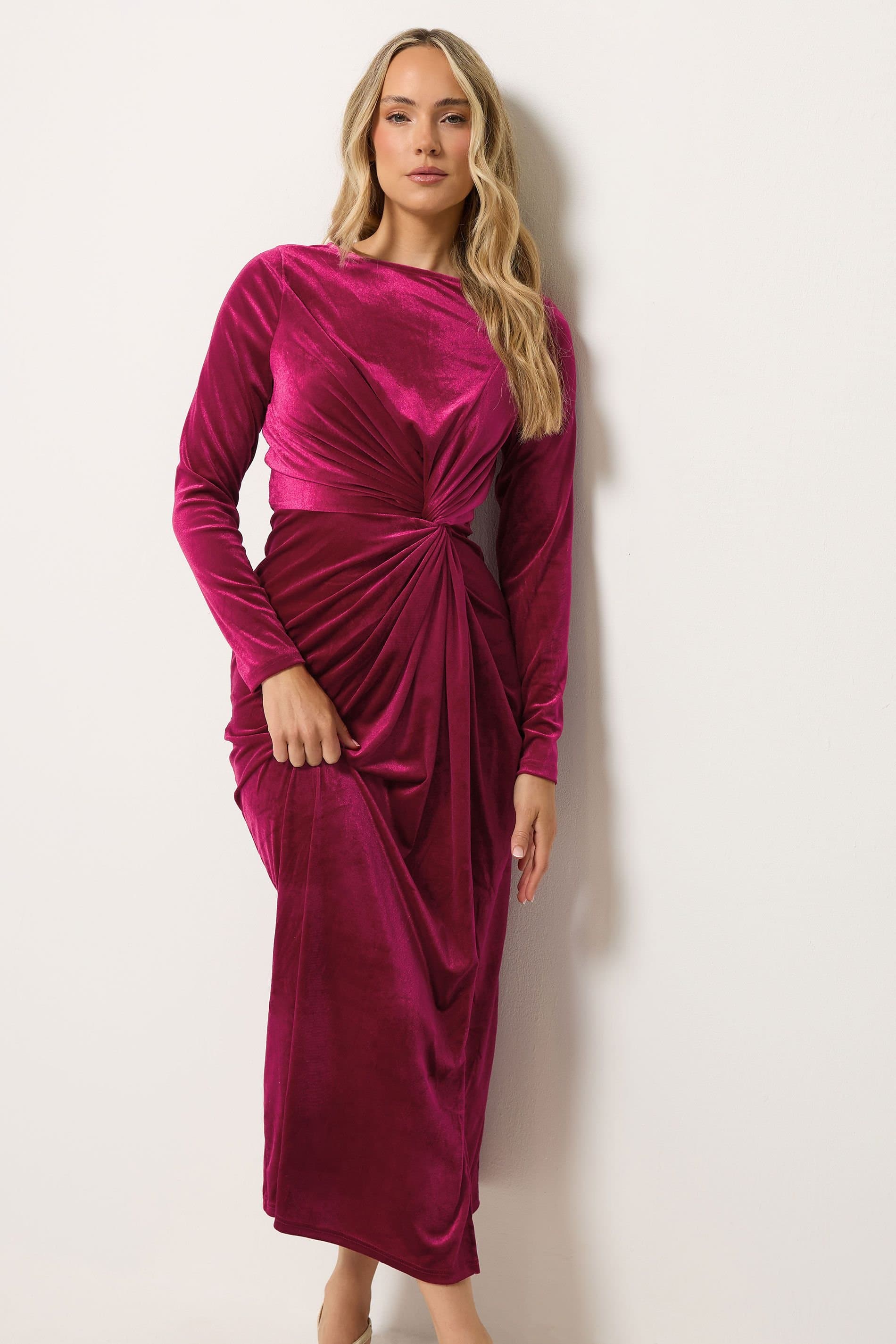 Long Tall Sally Long Tall Sally Women's Tall Twist Front Velvet Maxi Dress in Fuchsia