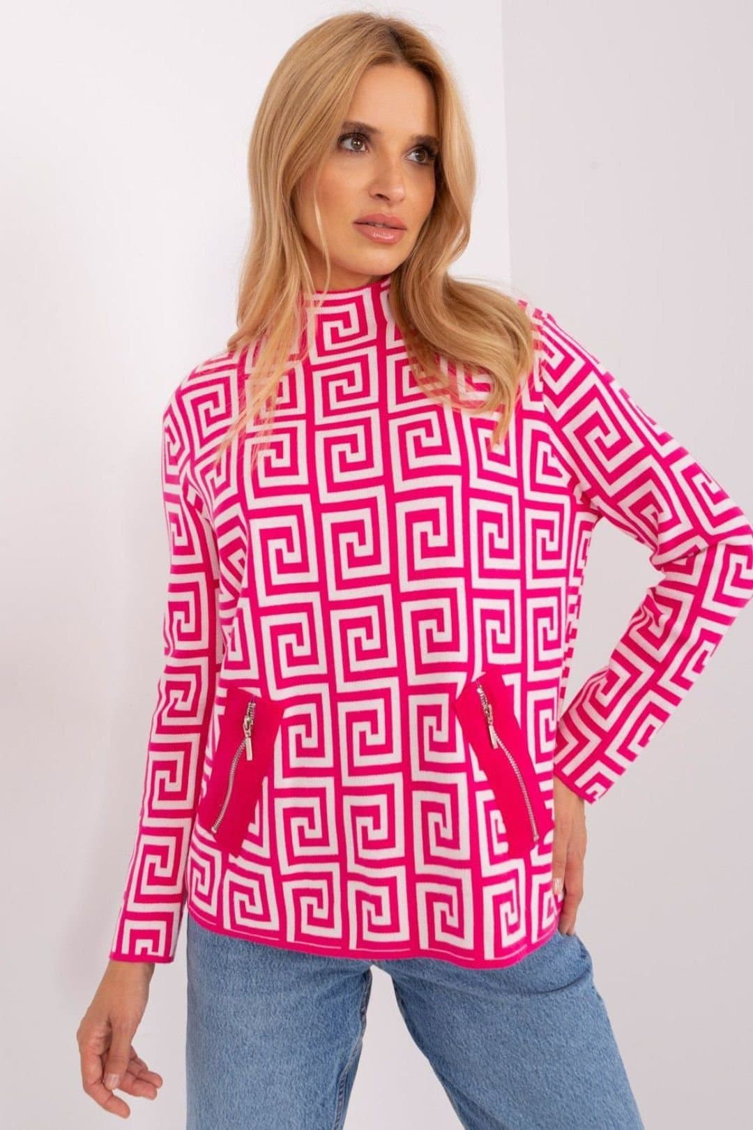 Love Lace Love Lace Women's Geometric Half Turtleneck Sweater with Pockets Style 186731 in Pink