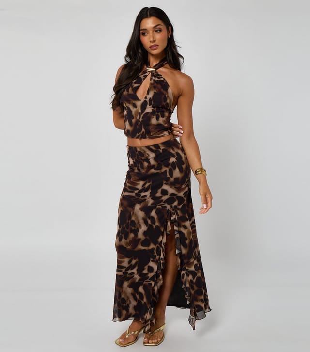 Urban Bliss Women's Brown Print Ruffled Slit Hem Maxi Skirt Urban Bliss New Look - 2