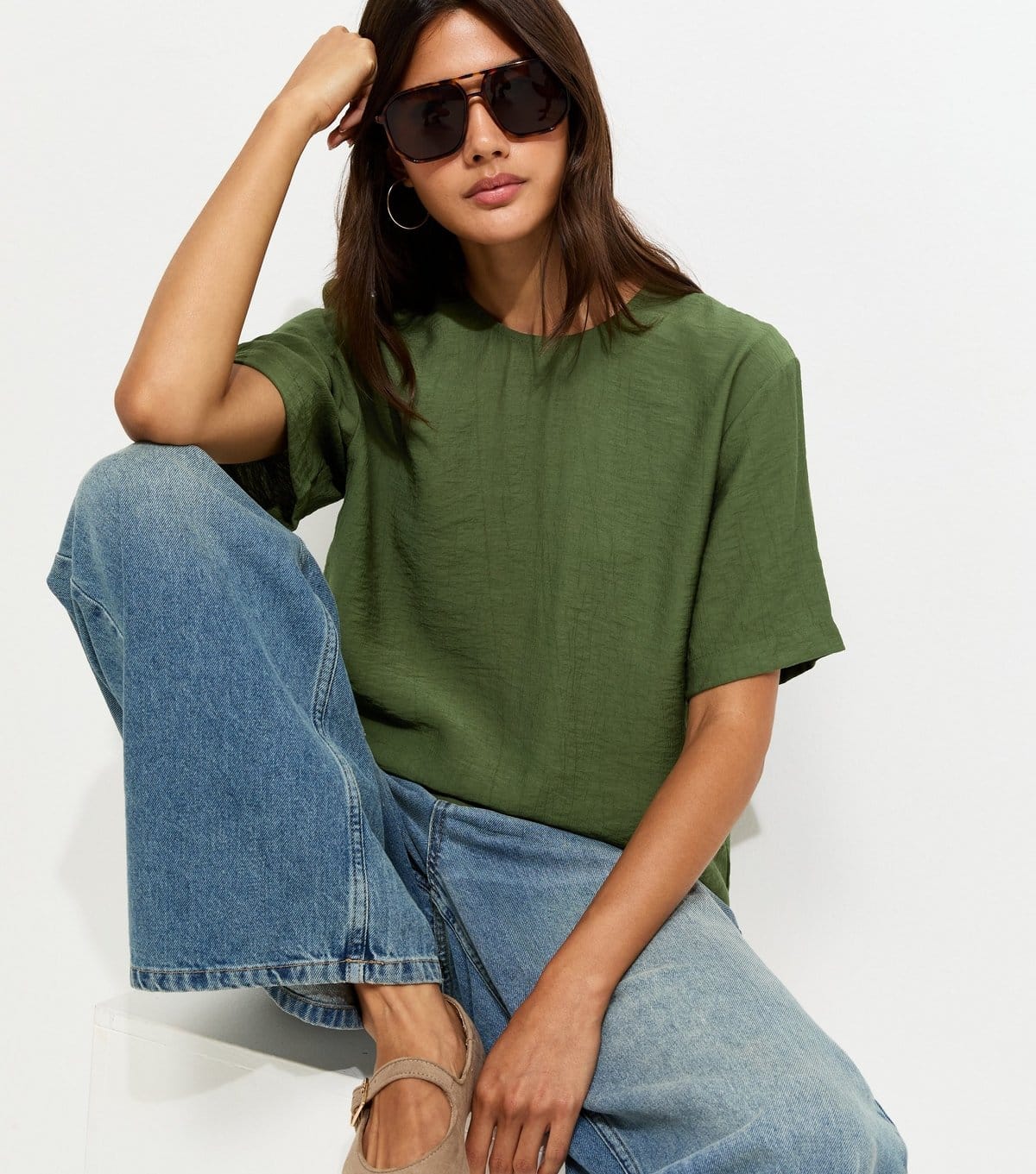 Women's Dark Khaki Woven Short Sleeve T-Shirt New Look
