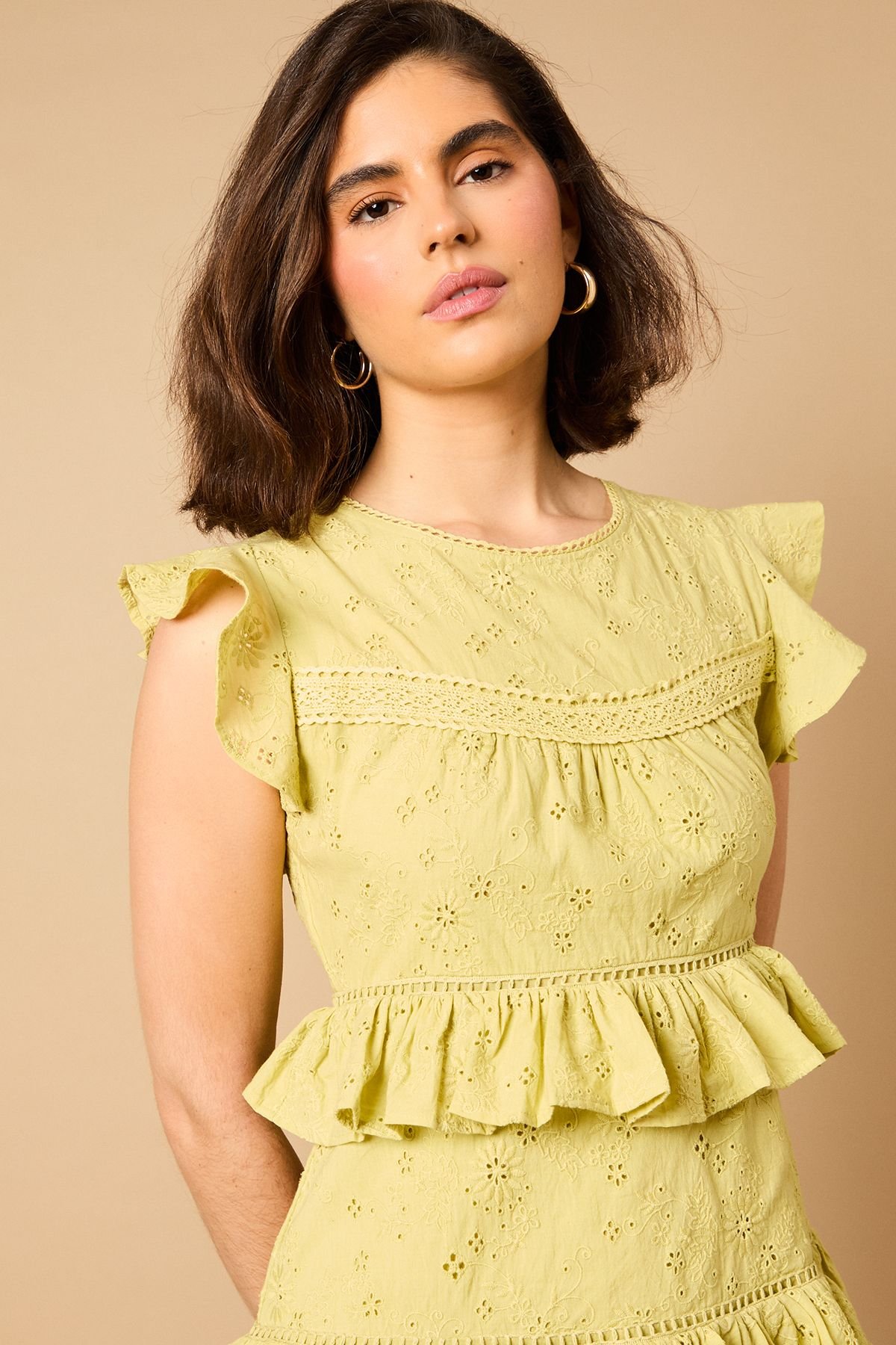 Oasis Oasis Women's Ruffle Broderie Mini Dress in Olive - 4