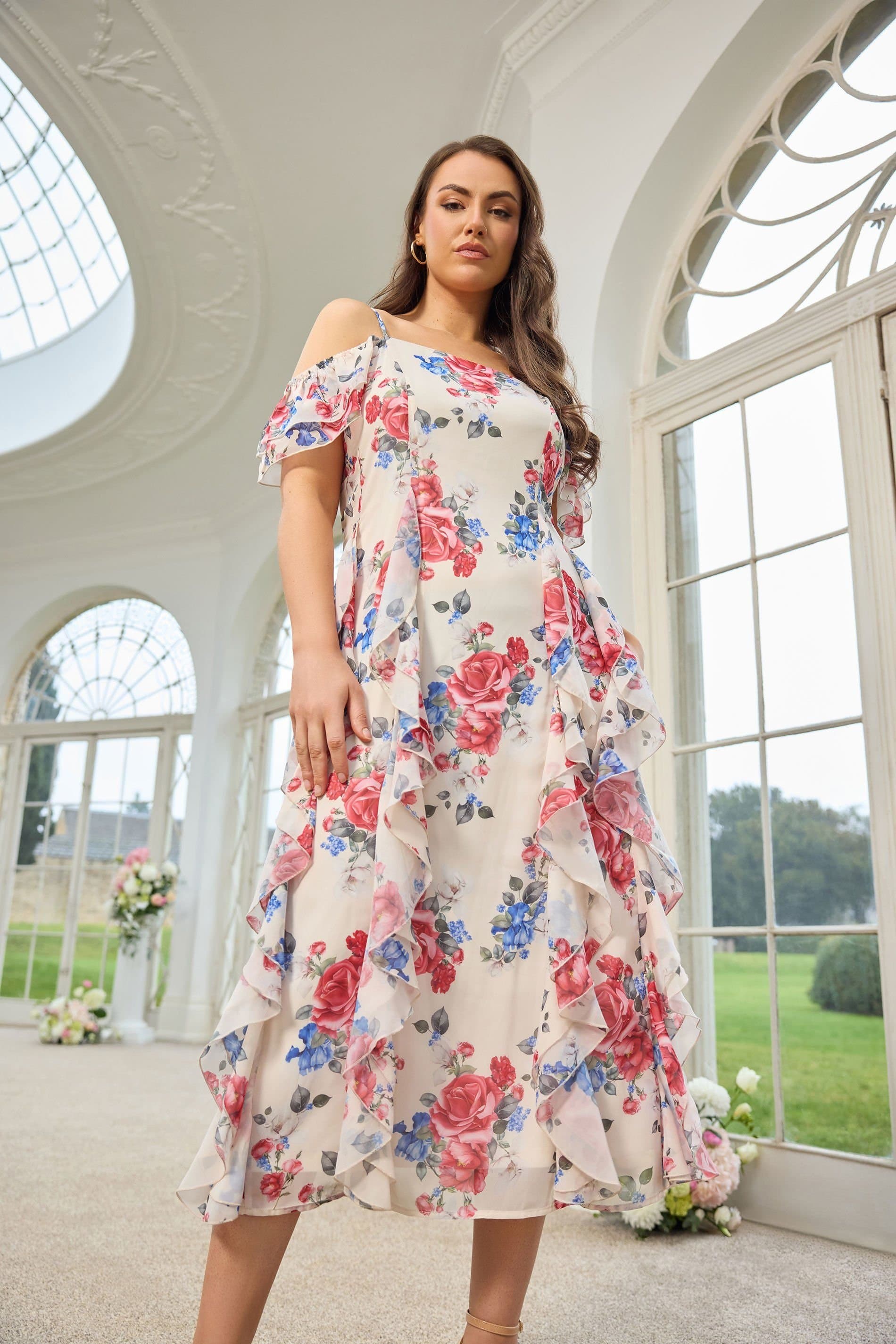 Yours Yours Women's Floral Ruffle Dress in Cream