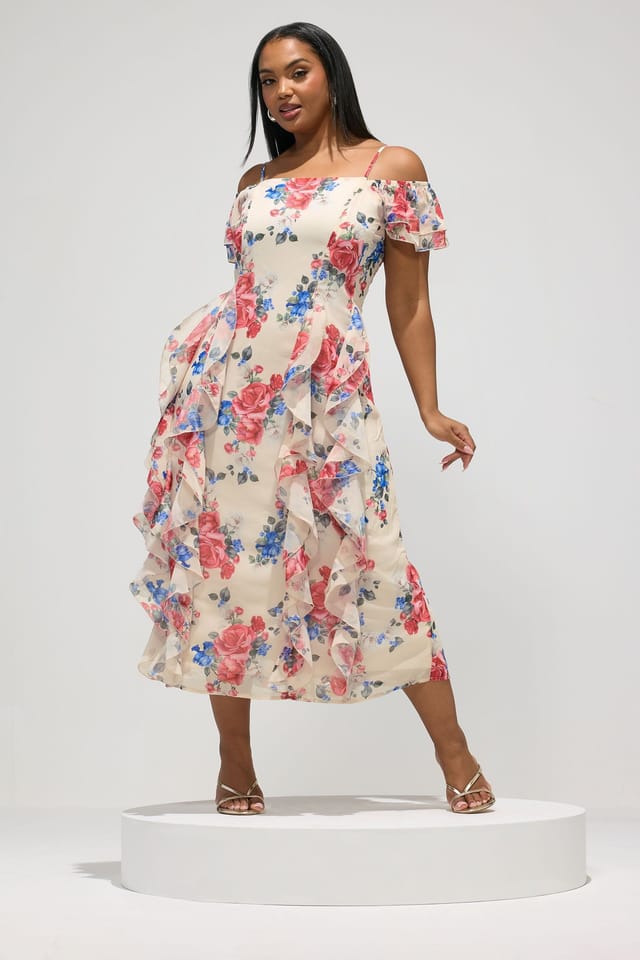 Yours Yours Women's Floral Ruffle Dress in Cream - 3