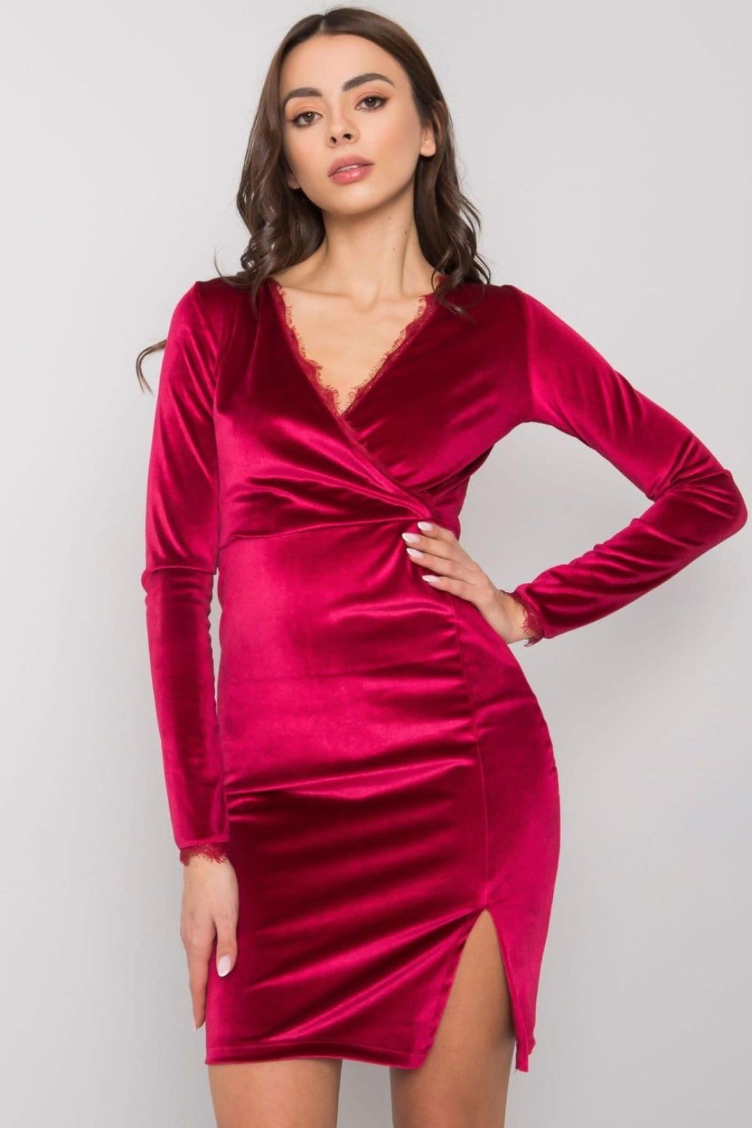 Love Lace Maroon Velour Mini Dress with Long Sleeves and Slit