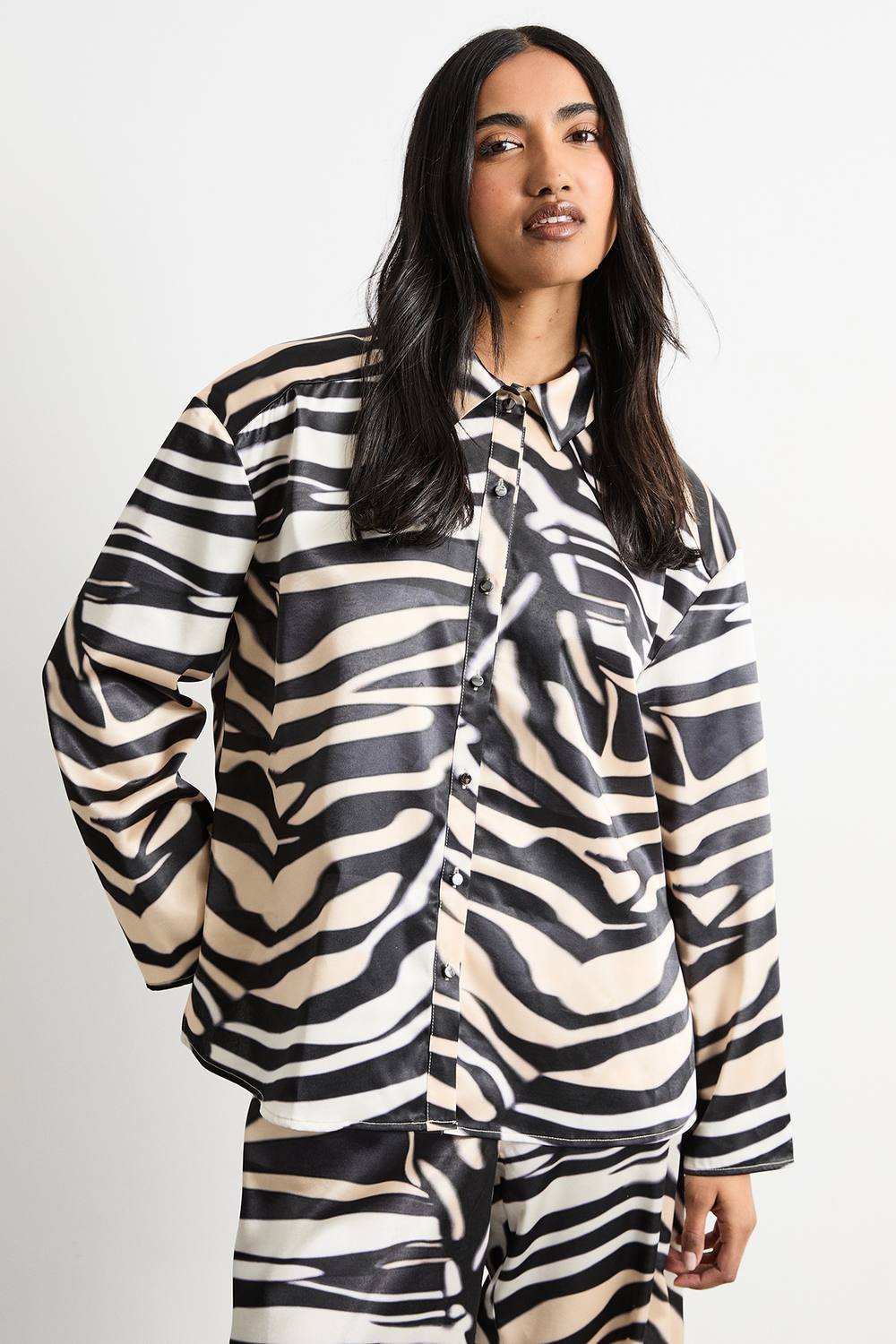 Warehouse Warehouse Women's Zebra Printed Oversized Satin Shirt - 2