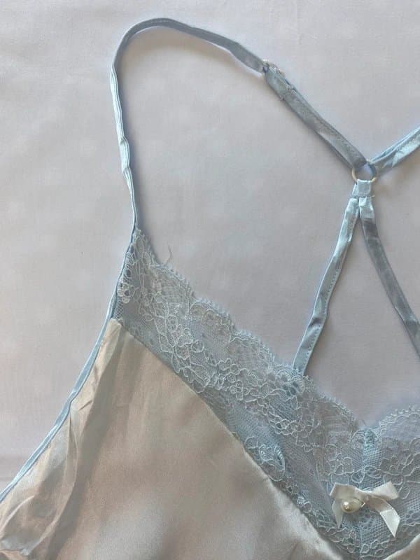 Linea Donatella Linea Donatella Satin Chemise Nightdress White Blue Lace Size M