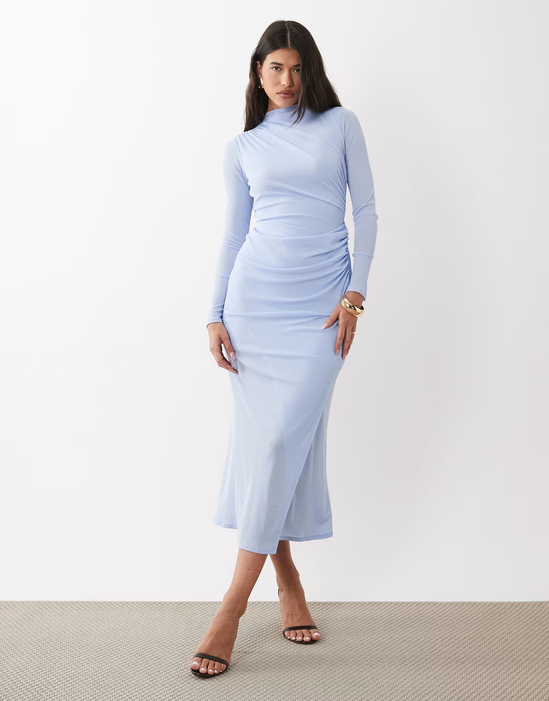 ASOS ASOS DESIGN ruched mesh high neck long sleeve midi dress in light blue