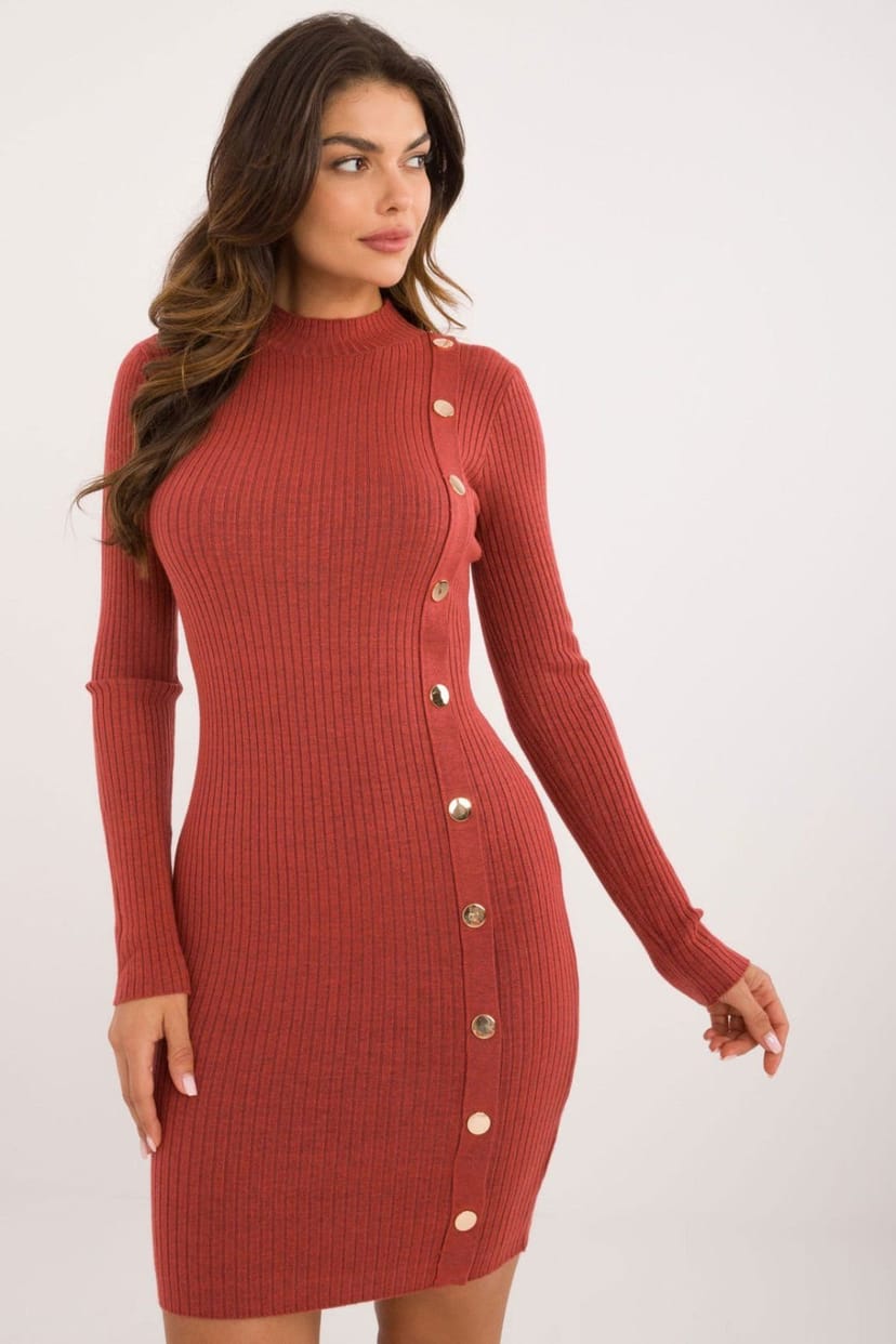 Love Lace Love Lace Women's Ribbed Knit Turtleneck Pencil Dress with Buttons in Orange - 1
