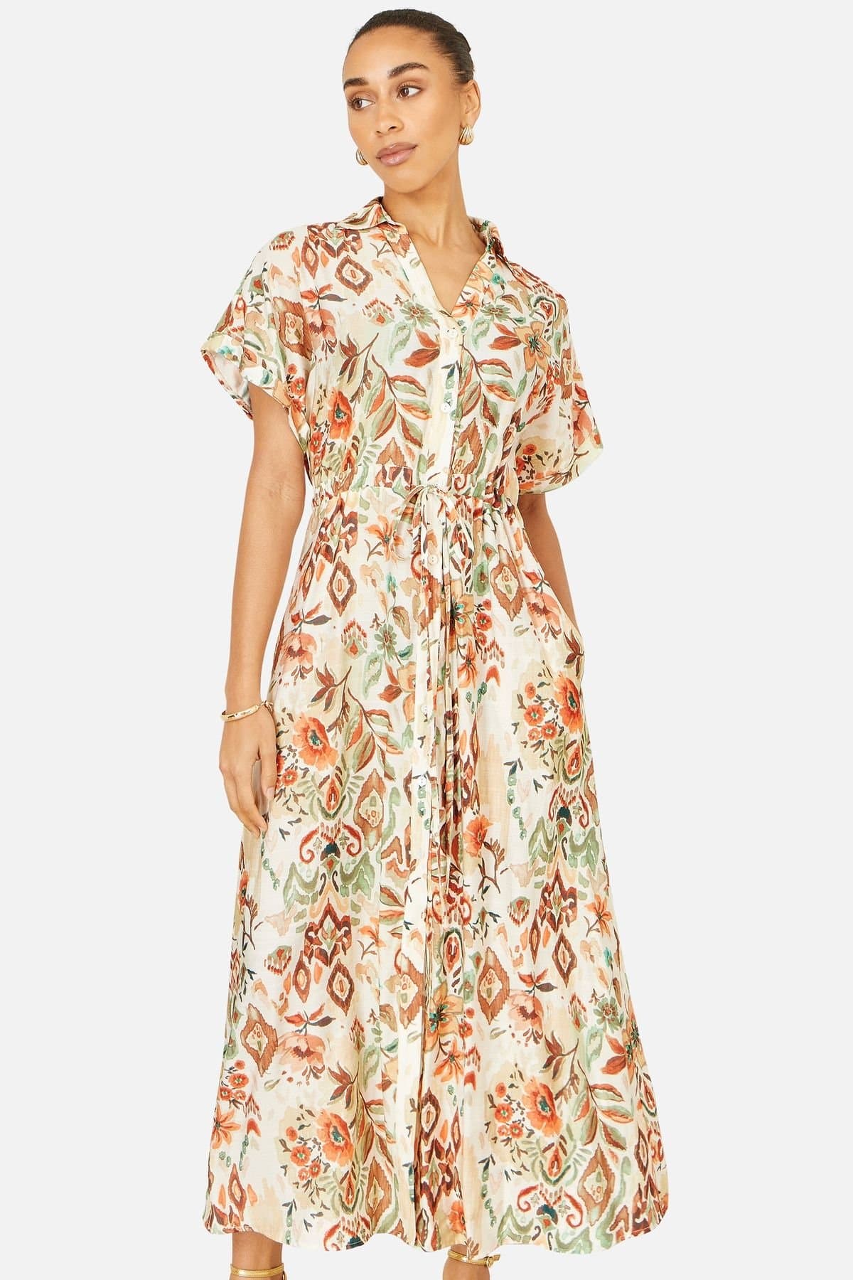 Yumi Yumi Women's Viscose Relaxed Boho Print Maxi Shirt Dress in Warm White