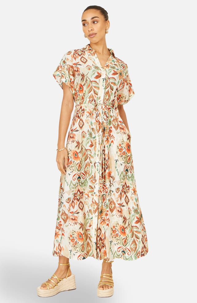 Yumi Yumi Women's Viscose Relaxed Boho Print Maxi Shirt Dress in Warm White - 2