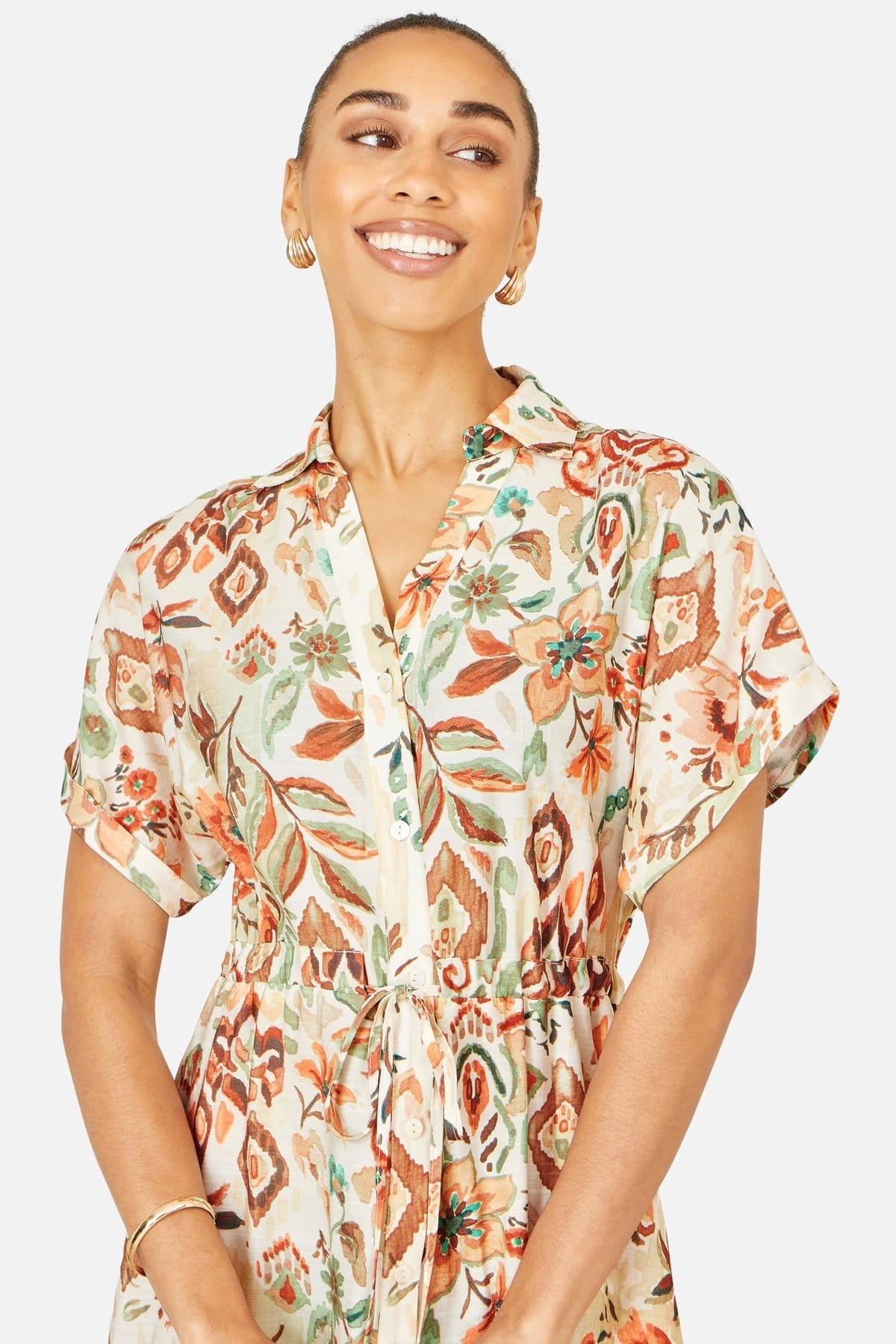 Yumi Yumi Women's Viscose Relaxed Boho Print Maxi Shirt Dress in Warm White - 4