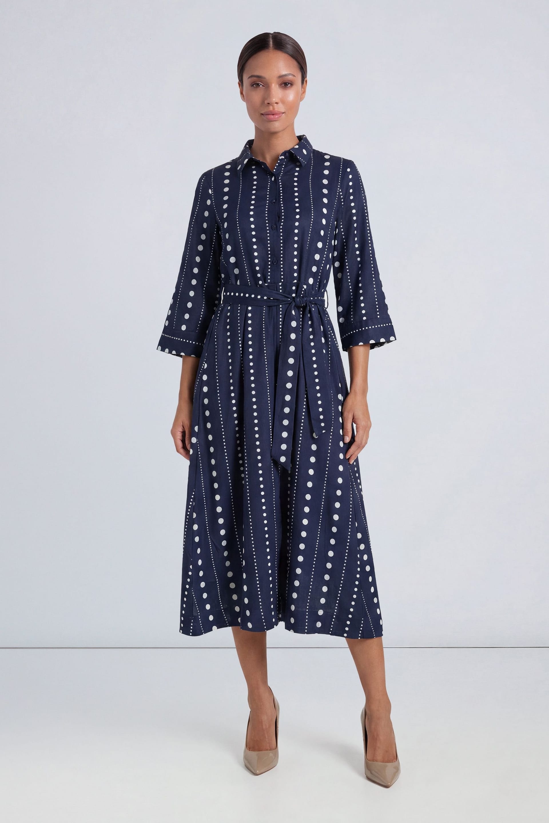 Principles Women's Spot Print Belted Button Shirt Midi Dress in Navy