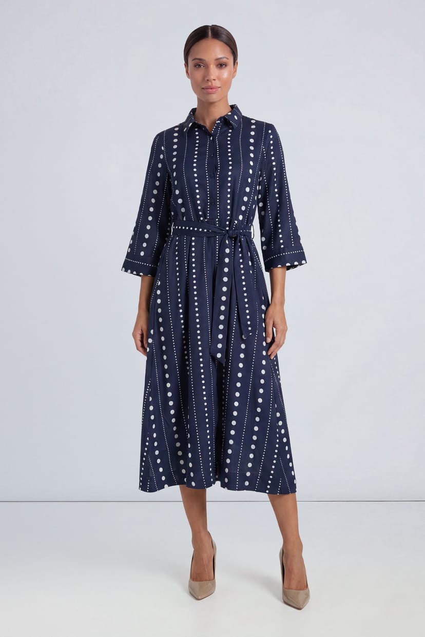 Principles Principles Women's Spot Print Belted Button Shirt Midi Dress in Navy - 1