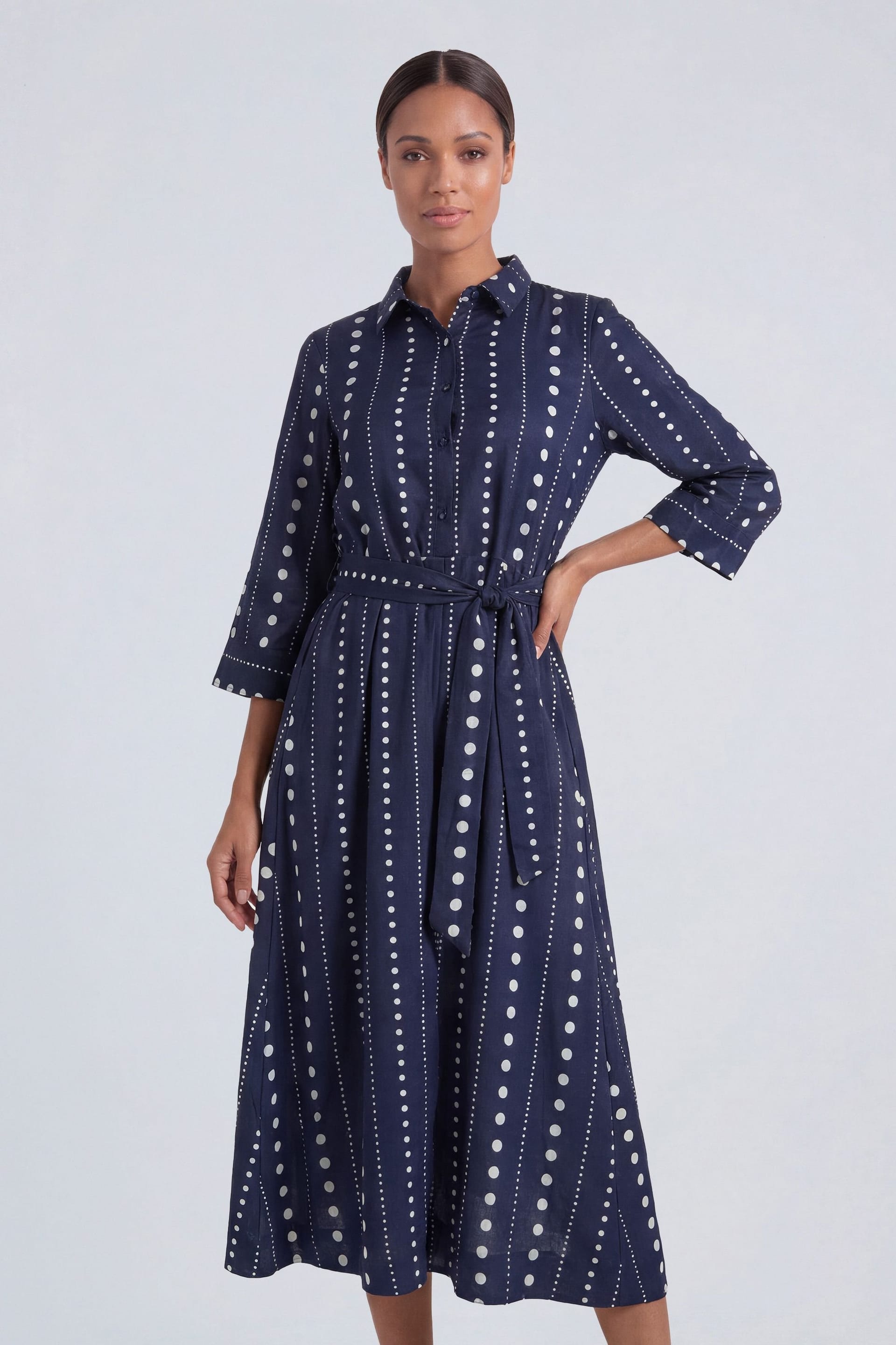 Principles Principles Women's Spot Print Belted Button Shirt Midi Dress in Navy - 4