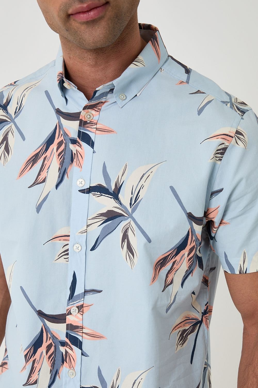 Threadbare Threadbare Men's Tropical Leaf Print Cotton Short Sleeve Shirt in Pale Blue - 4