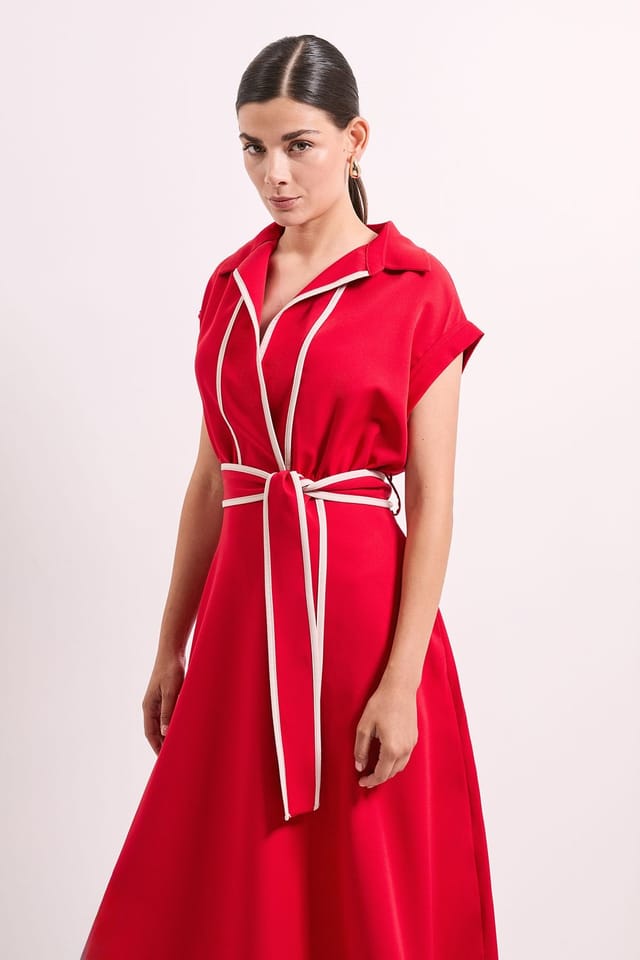 Principles Principles Women's Contrast Tie Waist Midi Dress in Red - 2