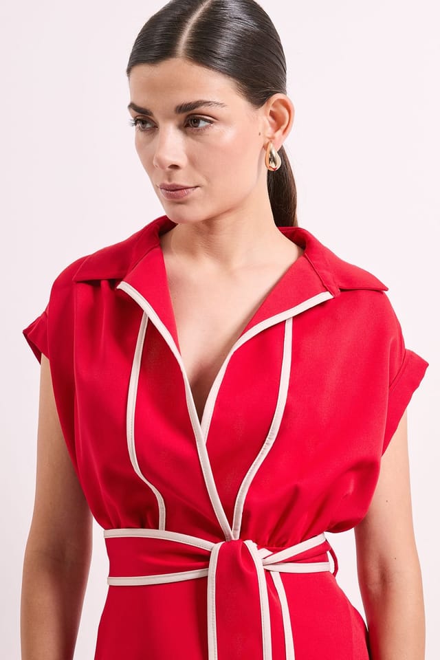 Principles Principles Women's Contrast Tie Waist Midi Dress in Red - 3