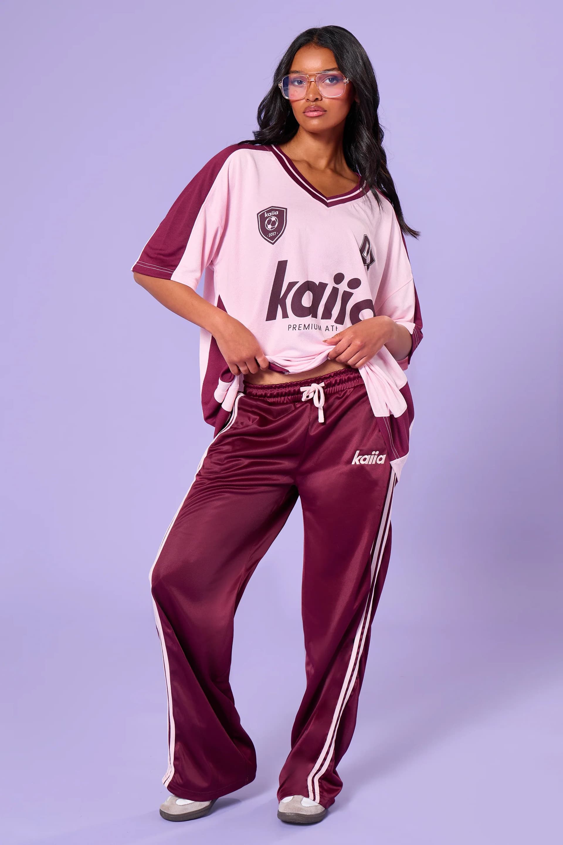 Kaiia Kaiia Side Stripe Tricot Joggers Burgundy & Pink