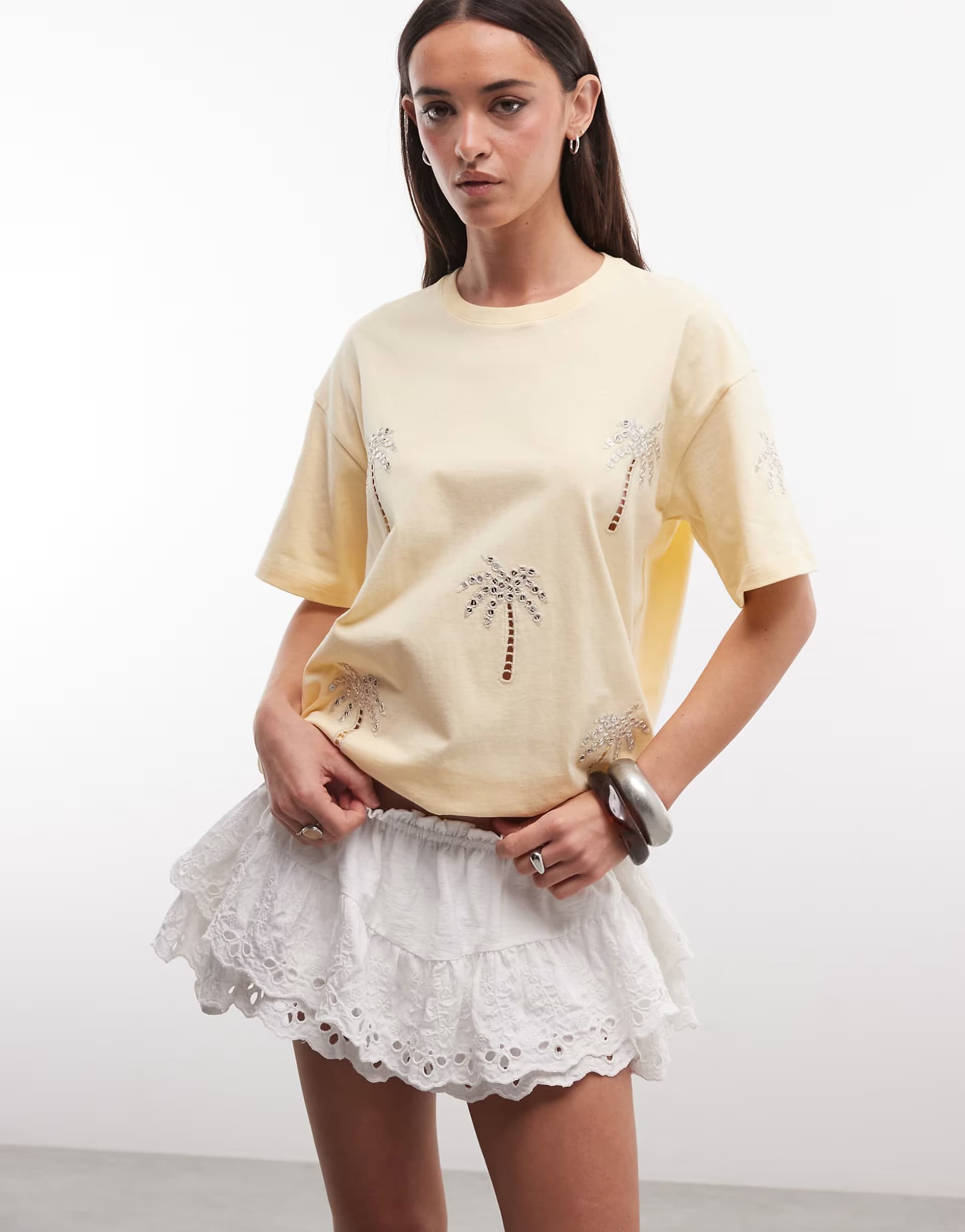 ASOS Miss Selfridge embellished palm tree oversized tee in pale yellow