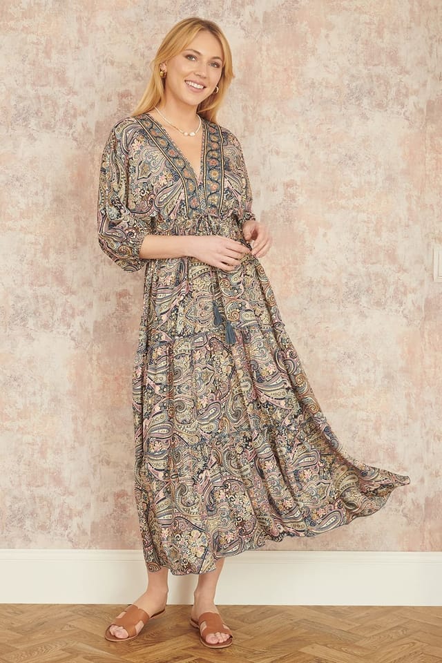 Yumi Yumi Women's Multicolour Paisley Print Midi Kimono Dress With Tie Back - 2
