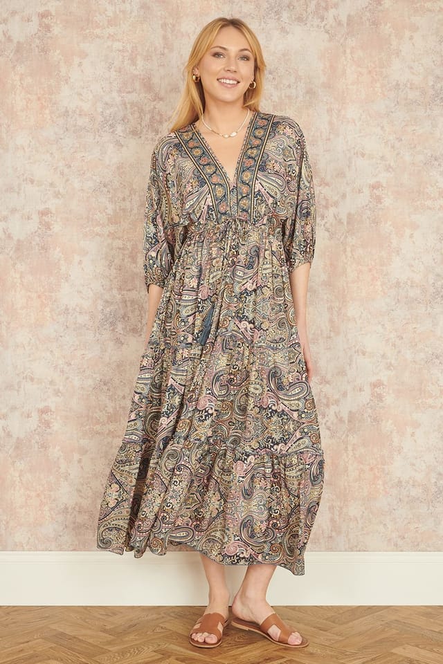 Yumi Yumi Women's Multicolour Paisley Print Midi Kimono Dress With Tie Back - 3