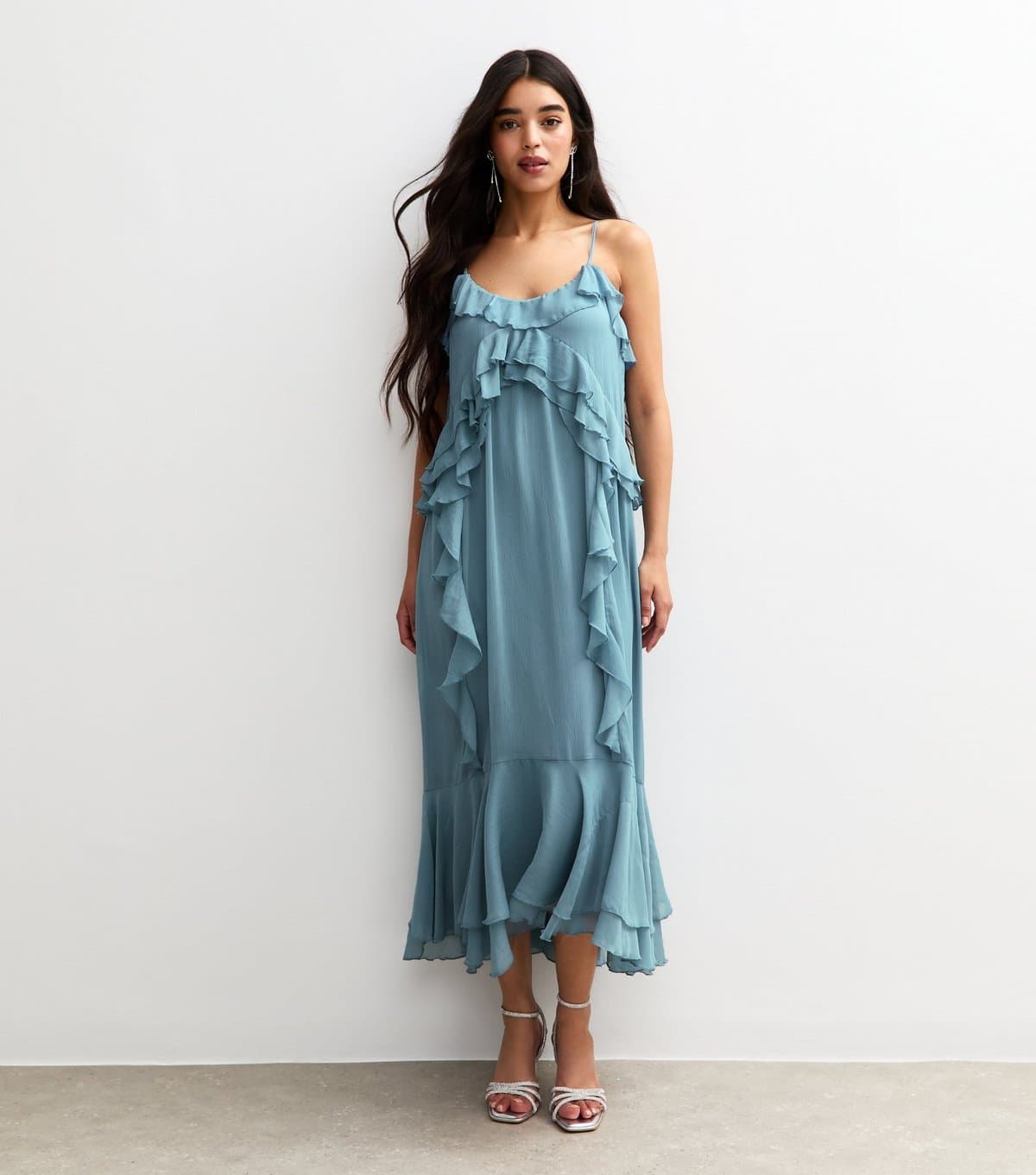 New Look Women's Blue Ruffled Chiffon Slip Dress New Look
