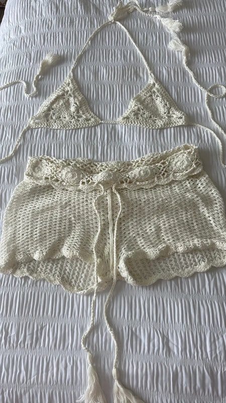 White Fox Boutique White Fox Boutique Cream Crochet Co-Ord – Top & Shorts Set bikini cover up - 1
