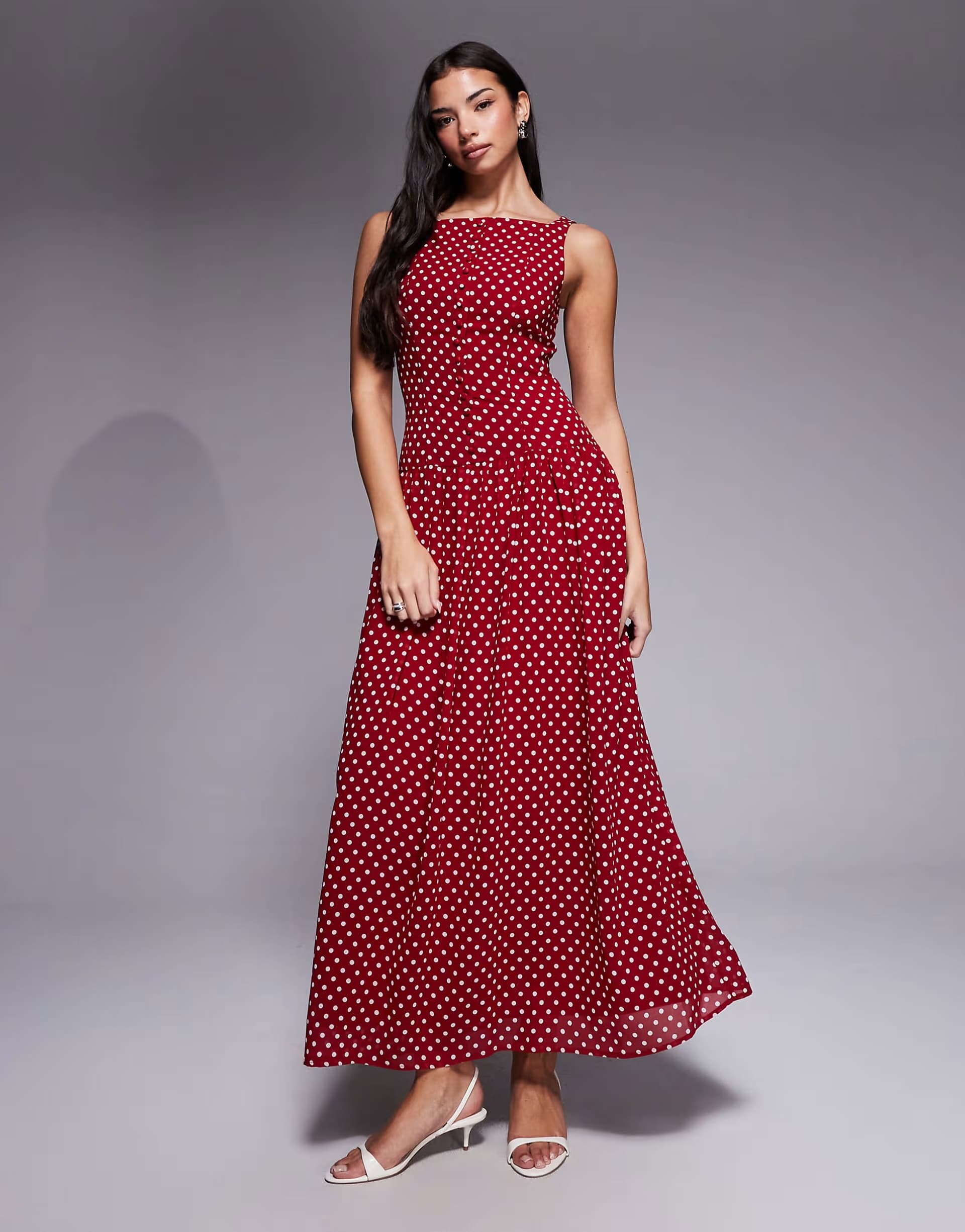 ASOS Kaiia exclusive high square neck button through drop waist maxi dress in red and white polka dot