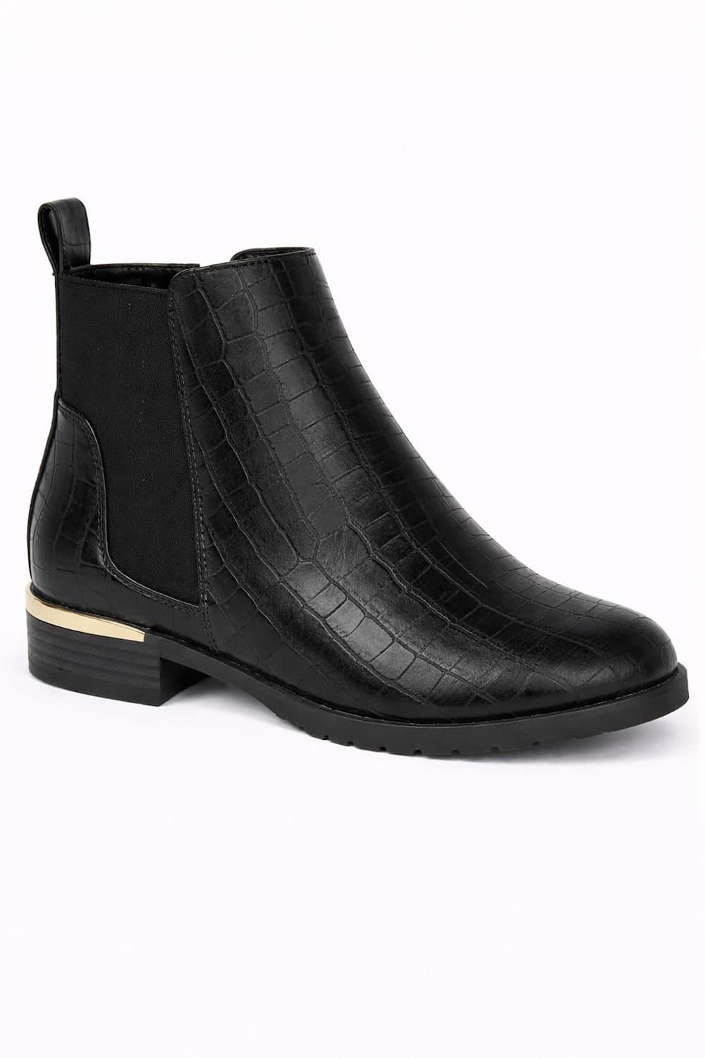 Spot On Spot On Women's Croc-Effect Chelsea Ankle Boot with Elastic Panels & Low Heel in Black