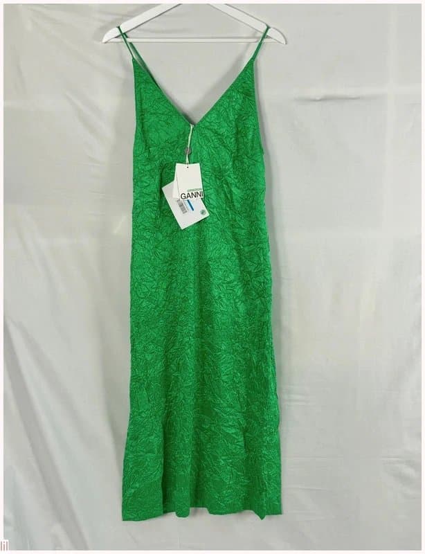 Ganni Gorgeous Ganni Green Crinkle Satin Slip Dress