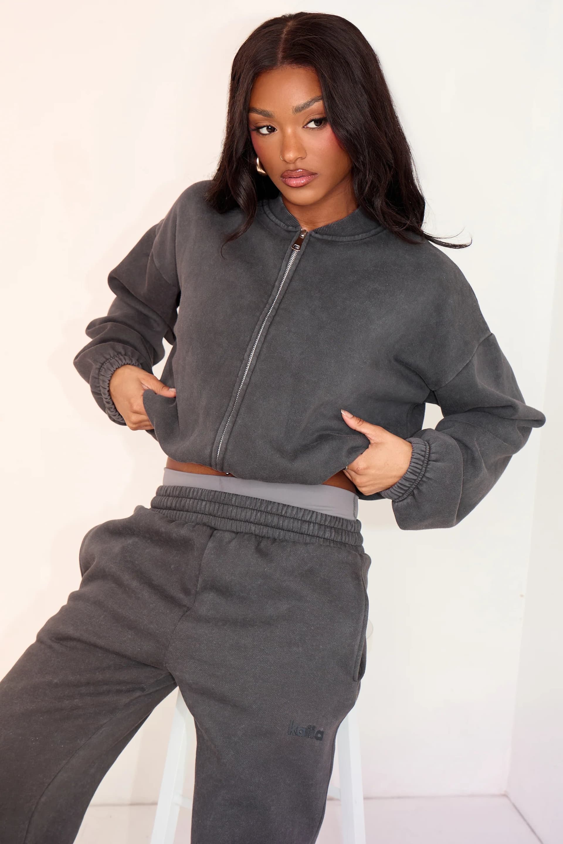 Kaiia Kaiia Zip Through Bomber Style Sweatshirt Washed Black