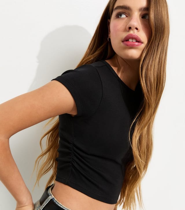 New Look Girls' Black Ruched Side Cap Sleeve T-Shirt New Look - 2