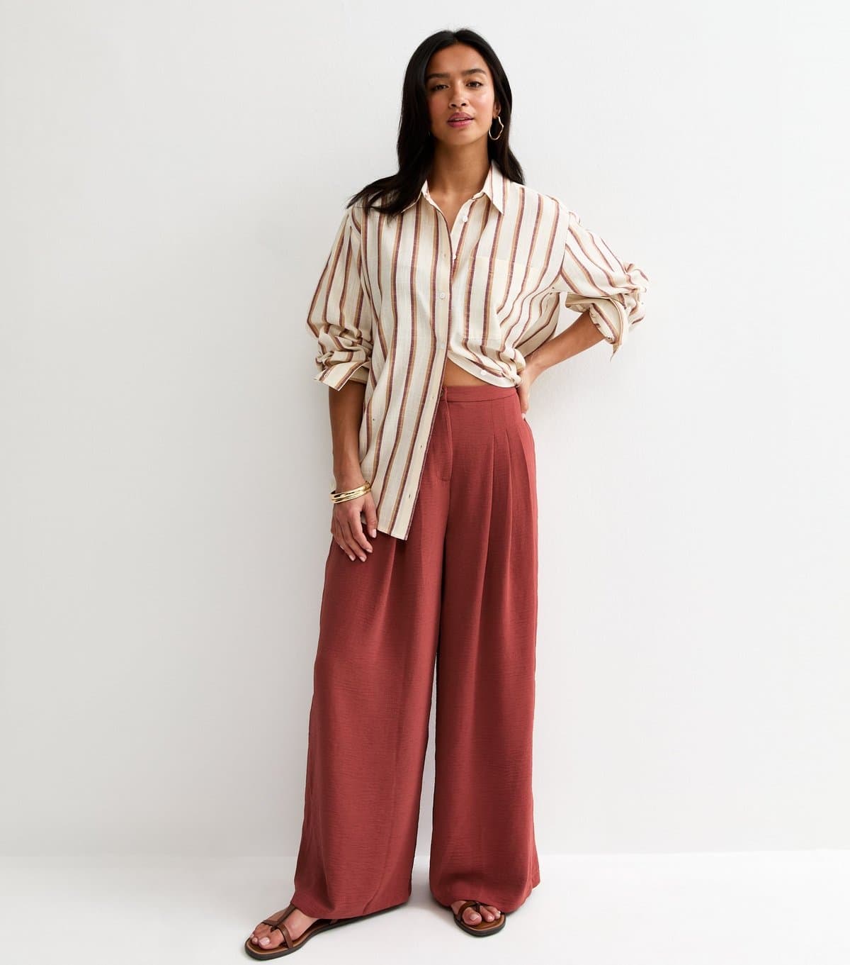 New Look Women's Petite Rust Pleated Wide Leg Trousers New Look