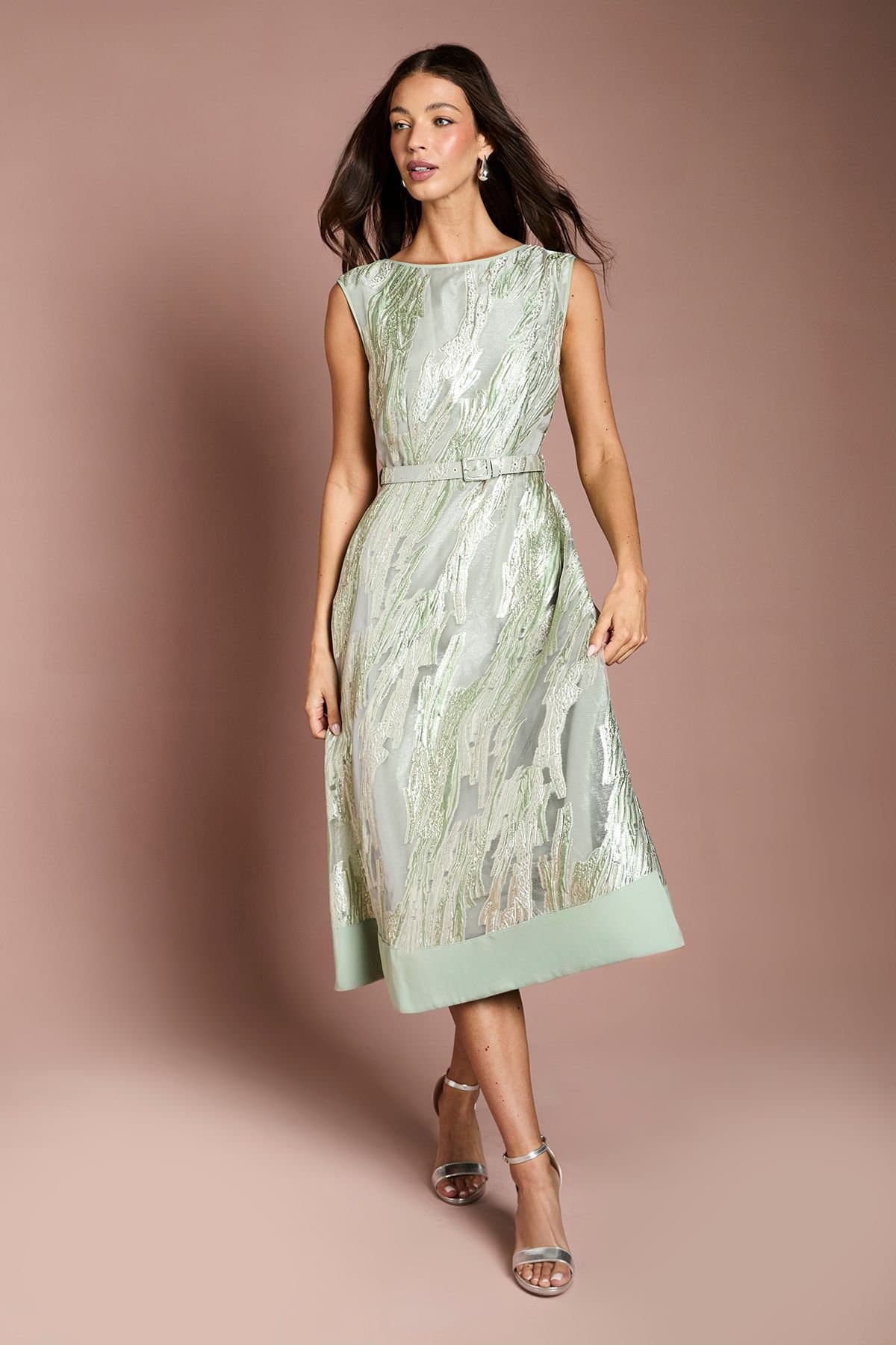 Coast Coast Women's Belted Sleeveless Jacquard Midi Dress in Sage