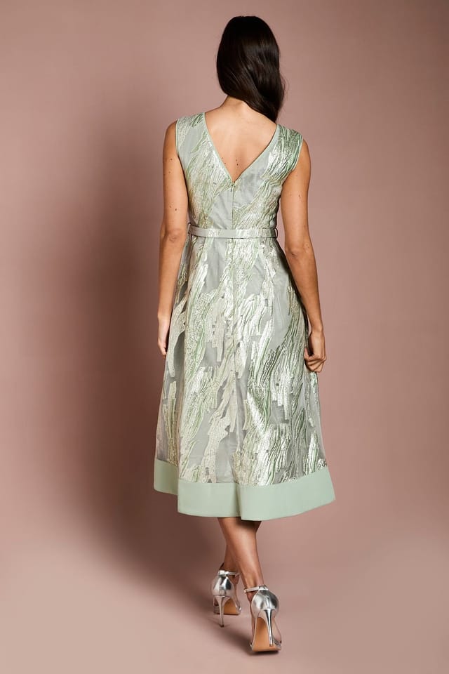 Coast Coast Women's Belted Sleeveless Jacquard Midi Dress in Sage - 3