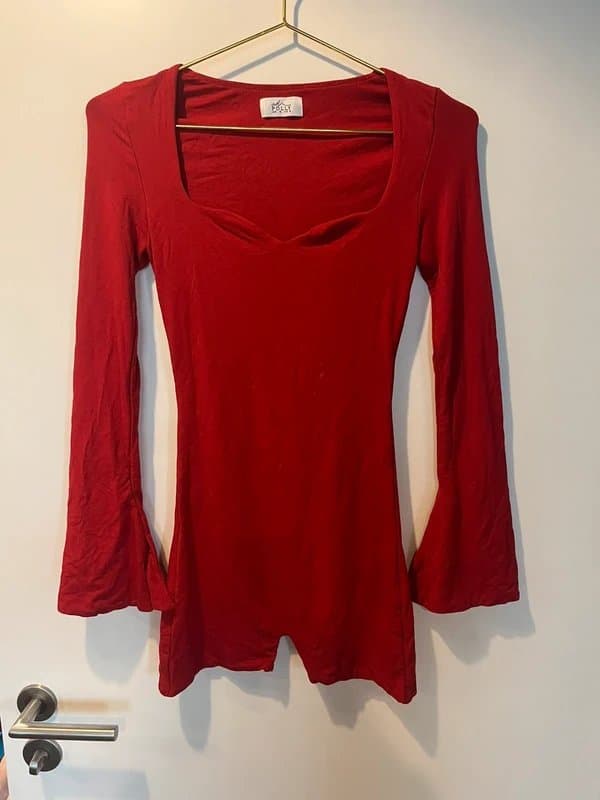 Oh Polly Oh Polly bright red flare long sleeve sweetheart neckline modal playsuit romper