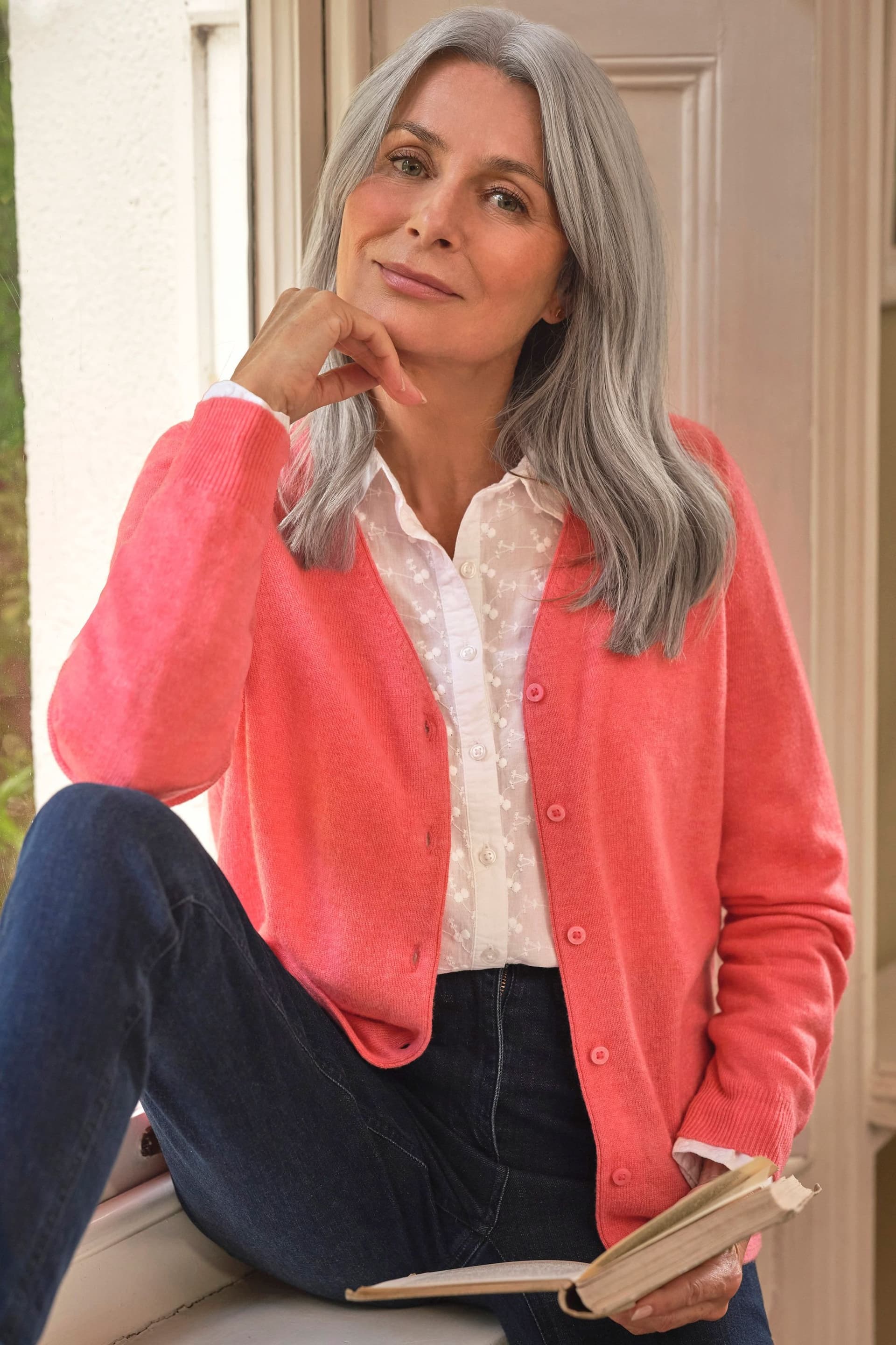 WoolOvers WoolOvers Women's Cashmere & Merino Classic V Neck Cardigan in Coral