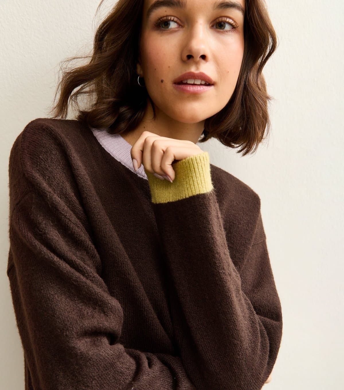 New Look Women's Dark Brown  Lilac and Green Contrast Rib Crew Neck Jumper New Look