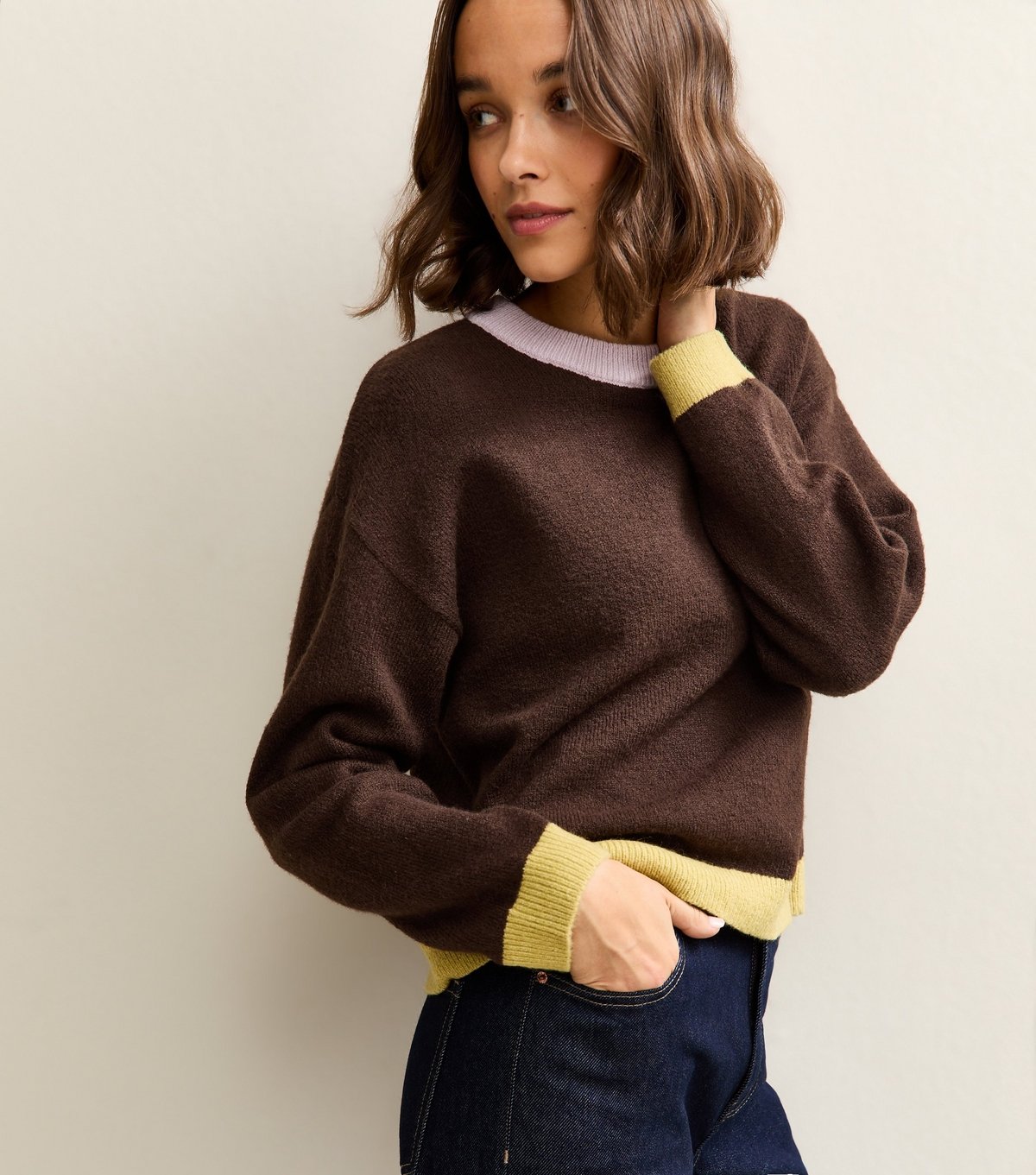 New Look Women's Dark Brown  Lilac and Green Contrast Rib Crew Neck Jumper New Look - 2