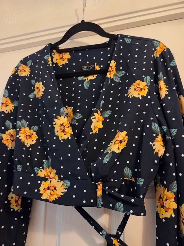 Topshop Navy and Yellow Floral Wrap Crop Top