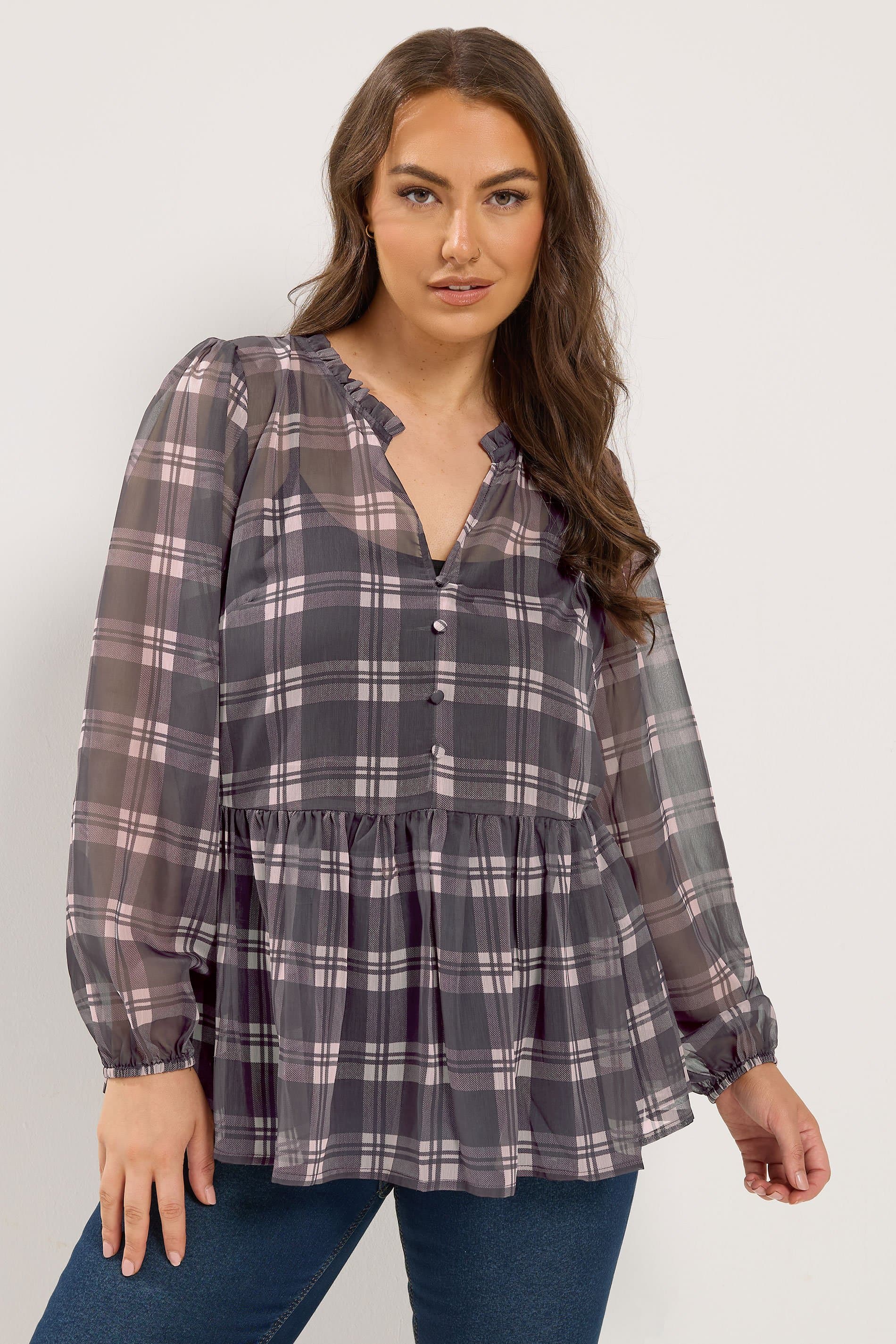 Yours Plus Size Purple Check Chiffon Blouse