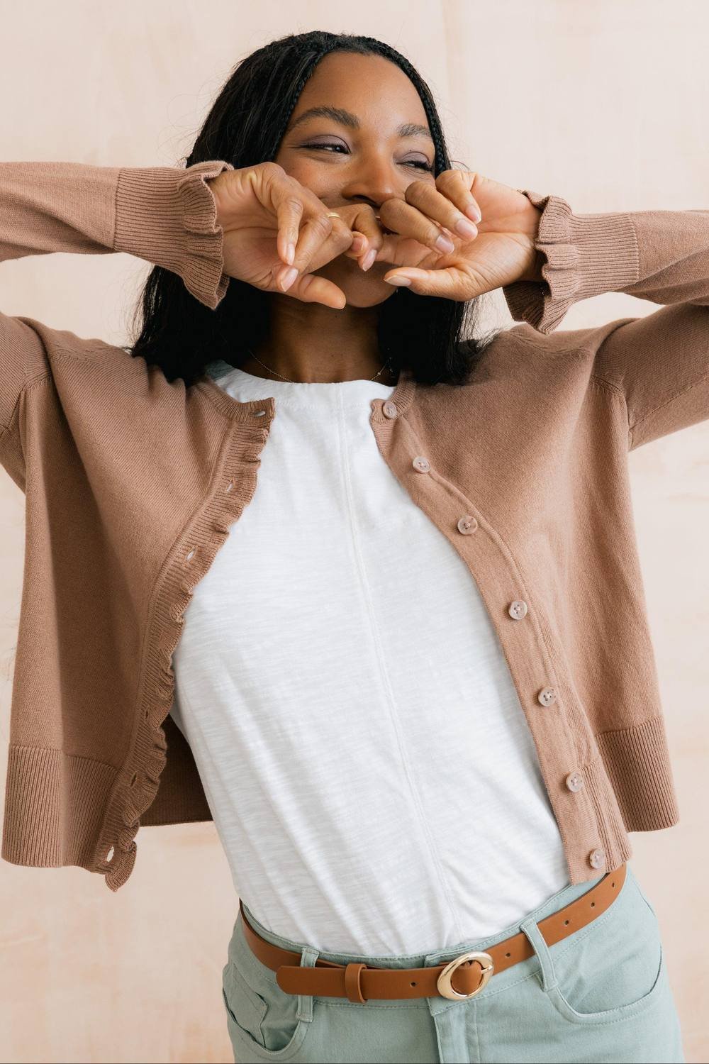 Lily & Me Lily & Me Women's Lauren Ruffle Outfitter Cardigan in Brown - 2