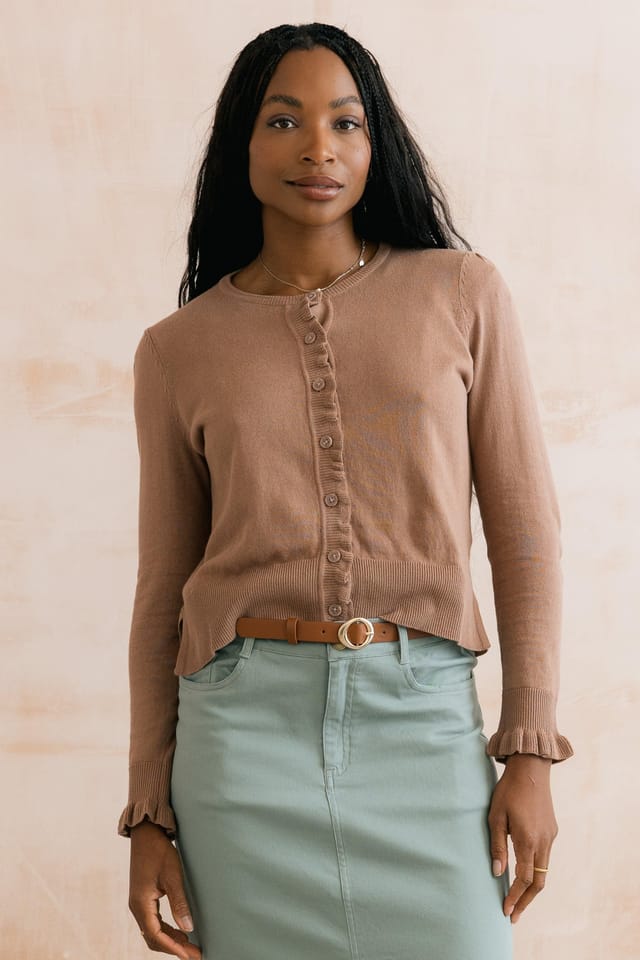 Lily & Me Lily & Me Women's Lauren Ruffle Outfitter Cardigan in Brown - 2